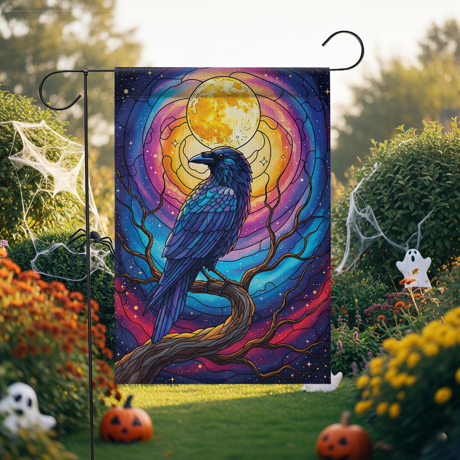 Stained Glass Raven Garden Flag – Mystical Crow Full Moon Yard Decor – Gothic Halloween Outdoor Banner – Fantasy Bird Witchy Flag