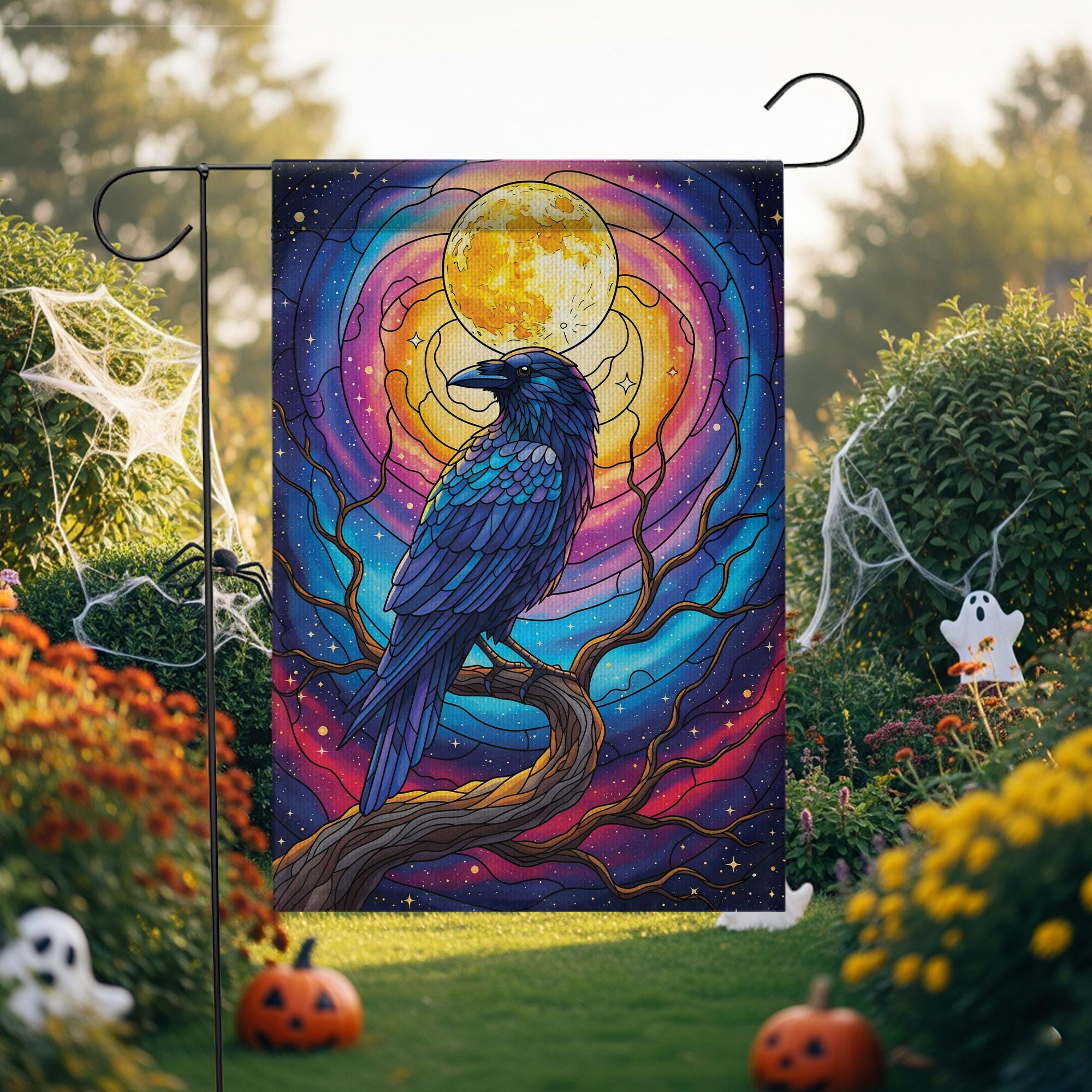 Stained Glass Raven Garden Flag – Mystical Crow Full Moon Yard Decor – Gothic Halloween Outdoor Banner – Fantasy Bird Witchy Flag