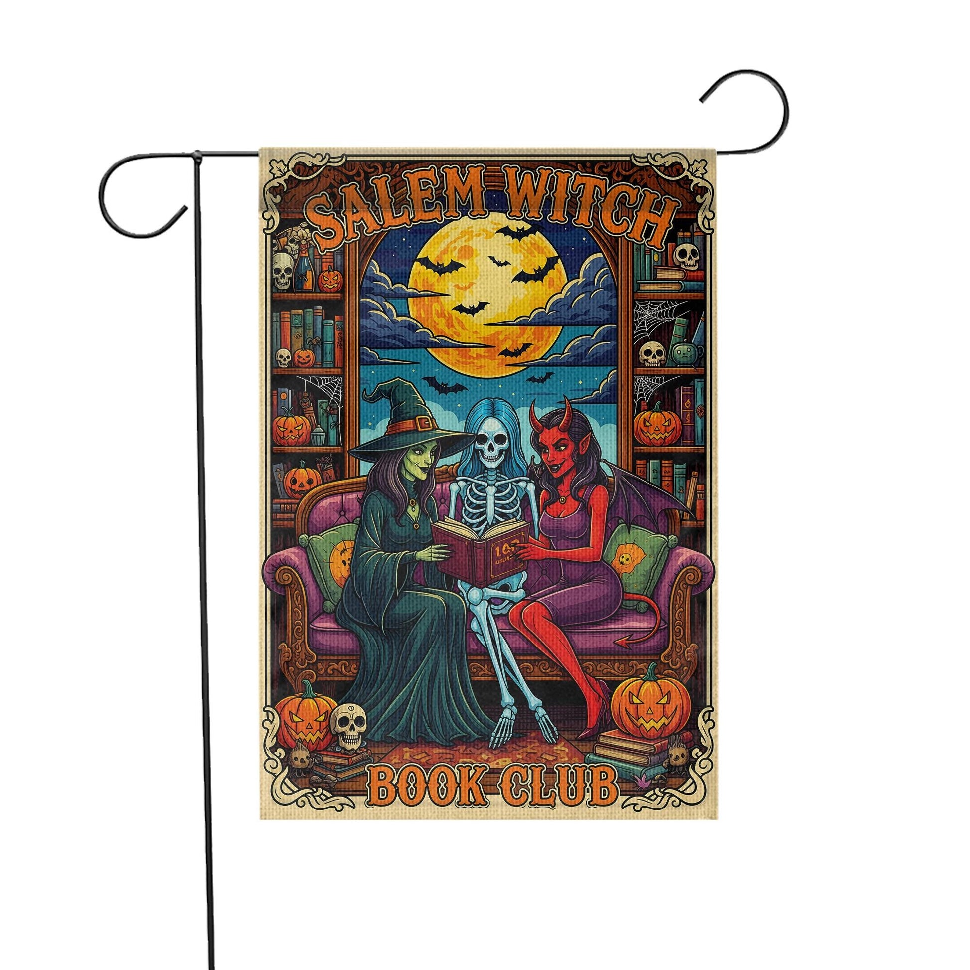 Salem Witch Book Club Flag – Gothic Halloween Garden Banner – Spooky Reading Witch Skeleton Devil Yard Decor – Occult Bookish Gift
