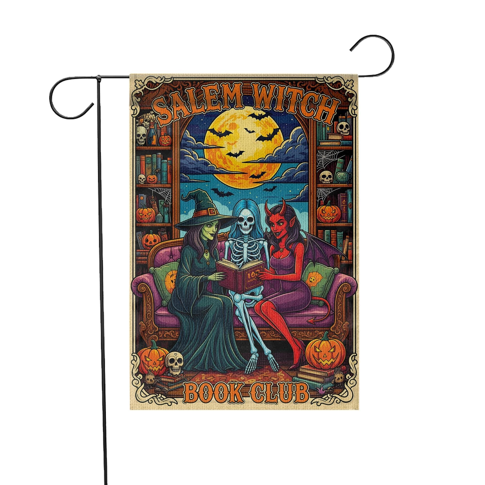 Salem Witch Book Club Flag – Gothic Halloween Garden Banner – Spooky Reading Witch Skeleton Devil Yard Decor – Occult Bookish Gift