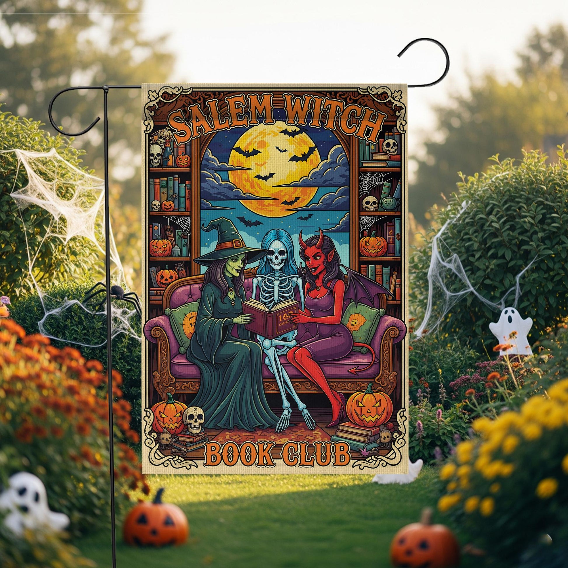 Salem Witch Book Club Flag – Gothic Halloween Garden Banner – Spooky Reading Witch Skeleton Devil Yard Decor – Occult Bookish Gift