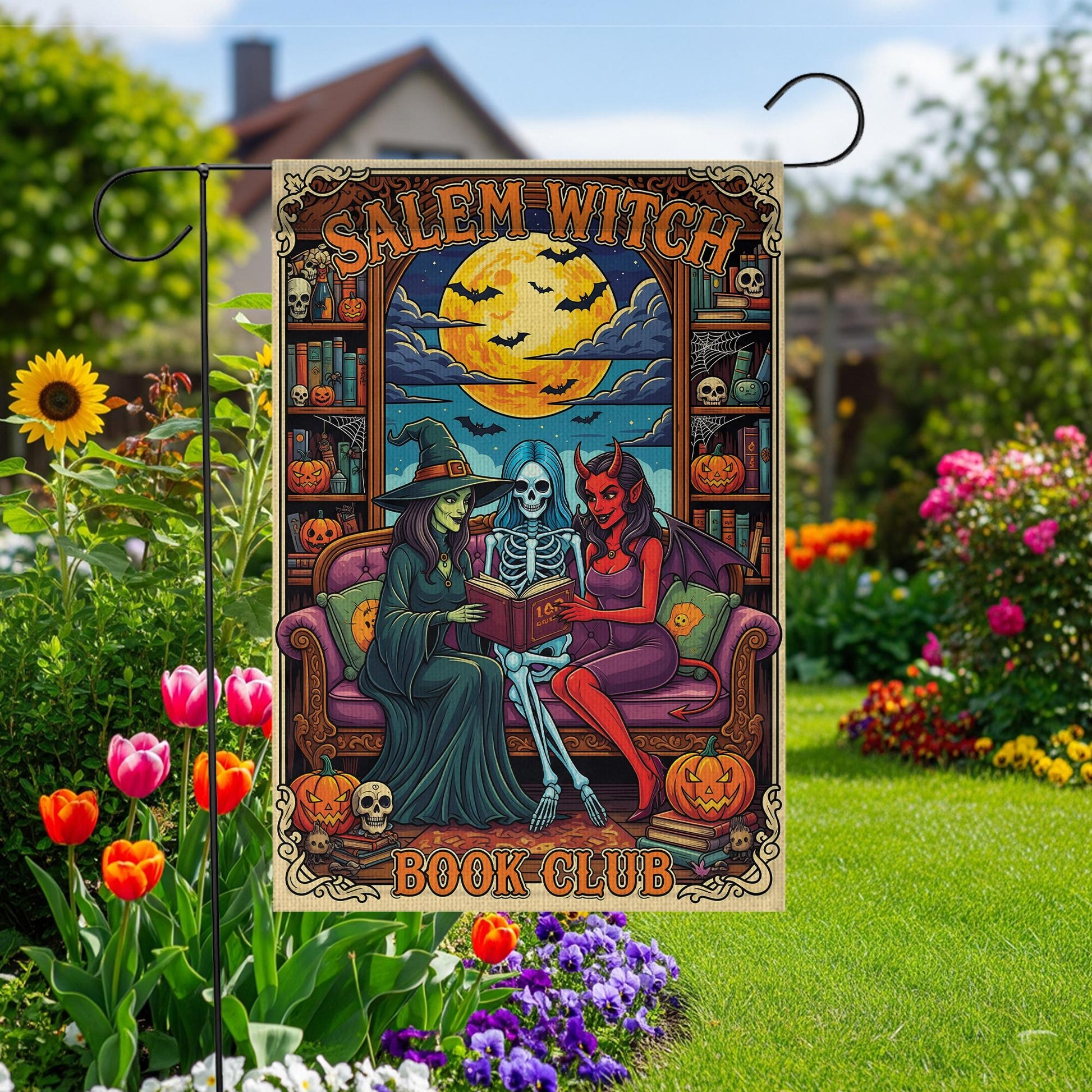 Salem Witch Book Club Flag – Gothic Halloween Garden Banner – Spooky Reading Witch Skeleton Devil Yard Decor – Occult Bookish Gift