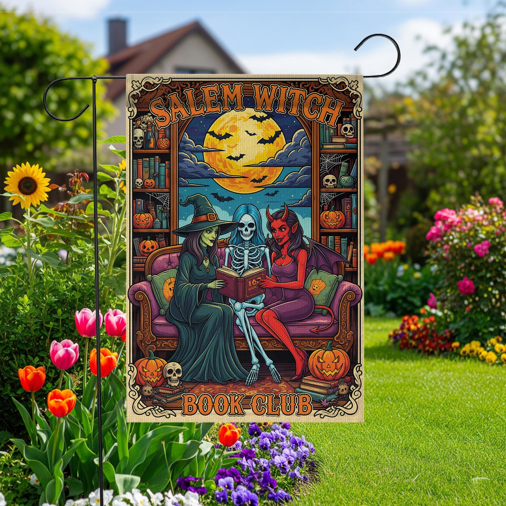 Salem Witch Book Club Flag – Gothic Halloween Garden Banner – Spooky Reading Witch Skeleton Devil Yard Decor – Occult Bookish Gift