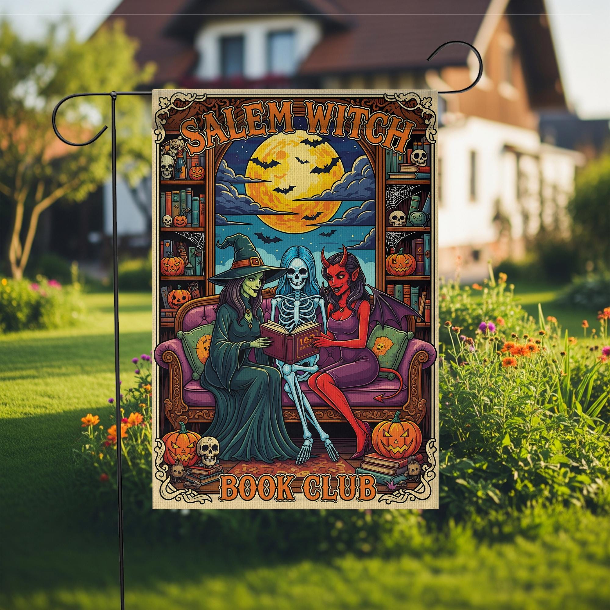 Salem Witch Book Club Flag – Gothic Halloween Garden Banner – Spooky Reading Witch Skeleton Devil Yard Decor – Occult Bookish Gift