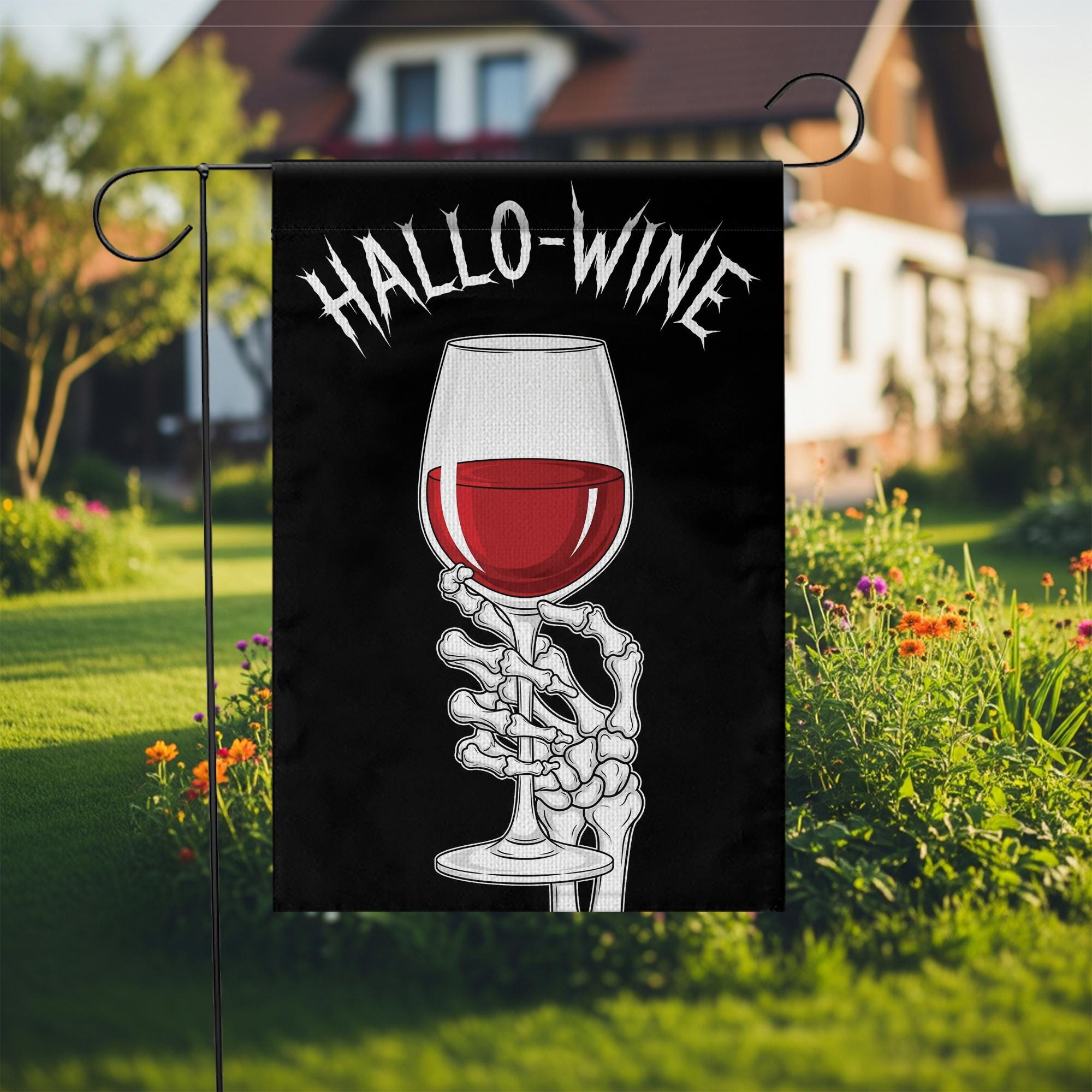 Hallo-Wine Garden Flag – Funny Skeleton Wine Halloween Yard Decor – Spooky Wine Lover Gift – Halloween Outdoor Flag for Witches