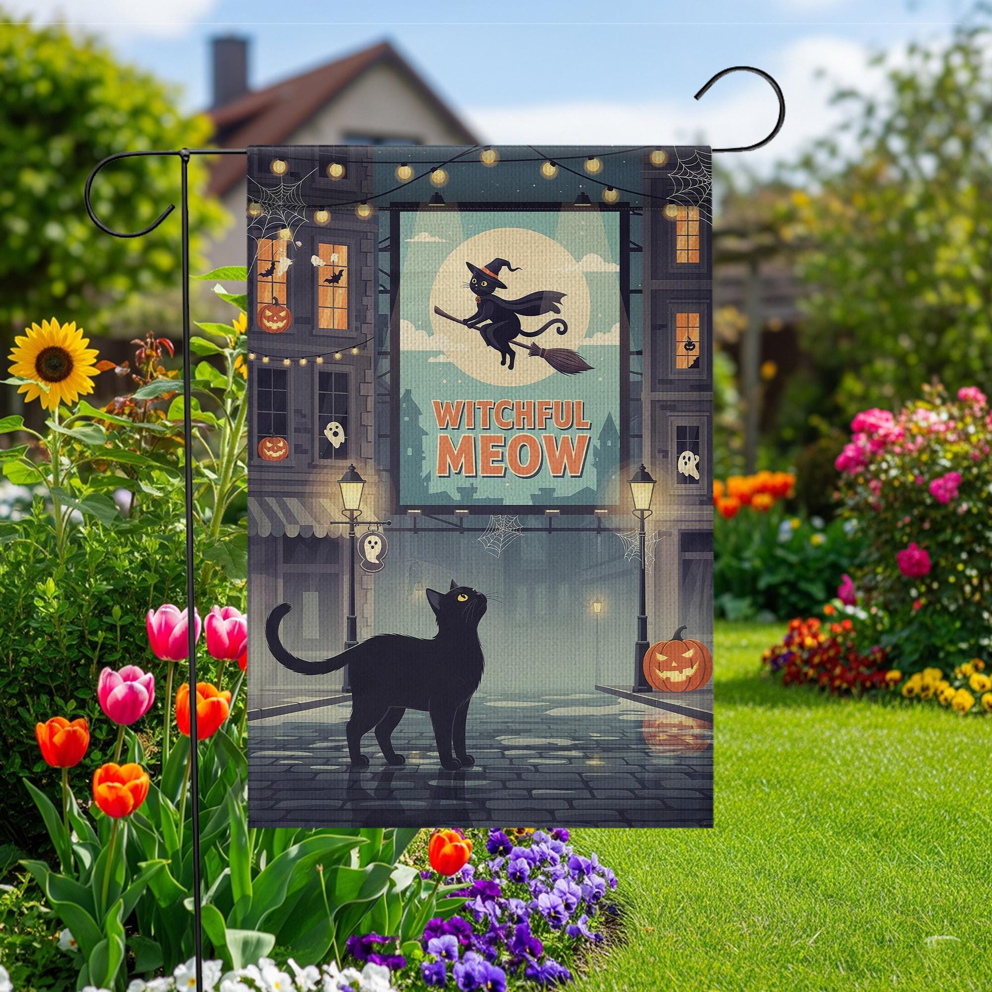 Witchful Meow Garden Flag – Halloween Black Cat Witch Yard Decor – Cute Spooky Outdoor Banner – Flying Cat Fall Porch Decoration