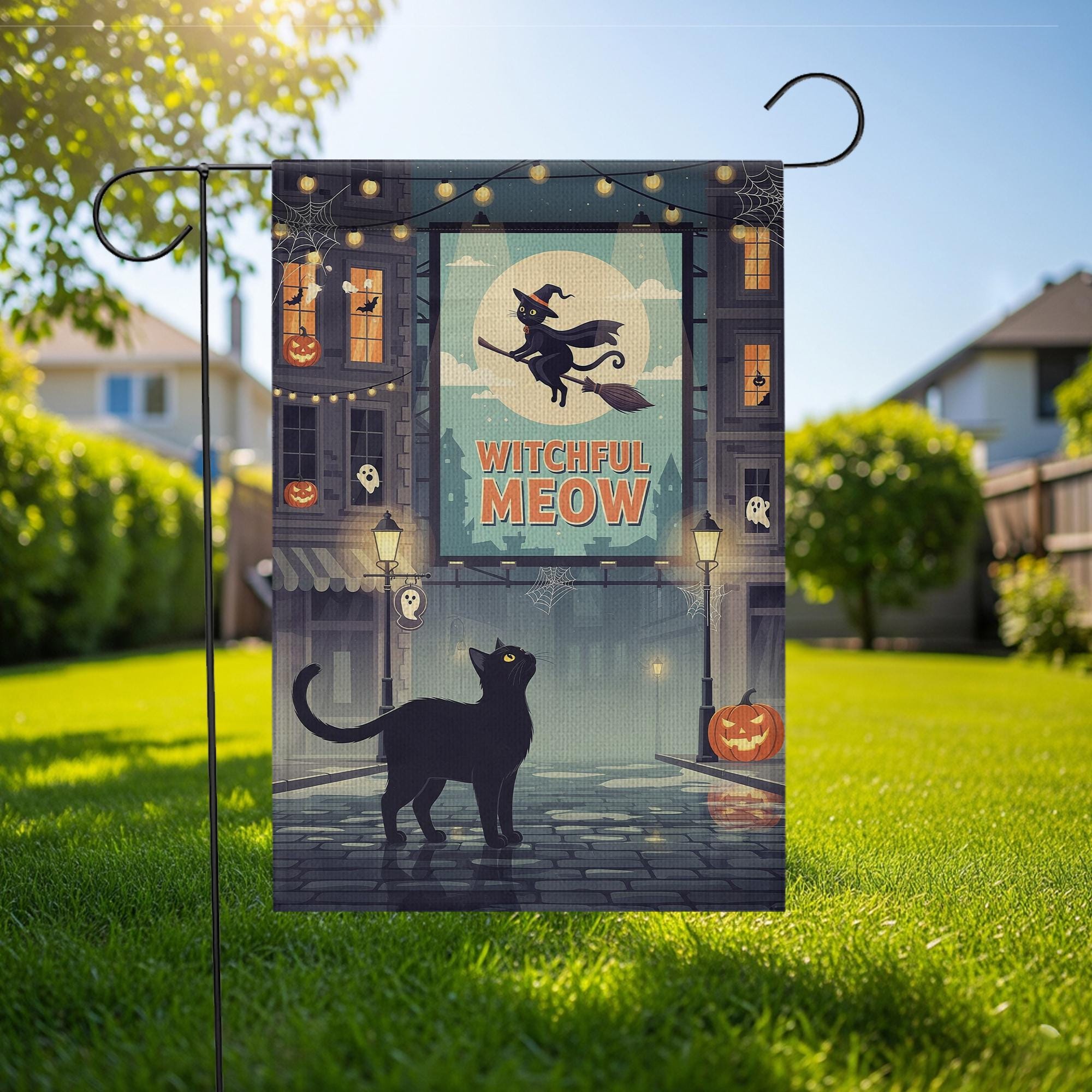 Witchful Meow Garden Flag – Halloween Black Cat Witch Yard Decor – Cute Spooky Outdoor Banner – Flying Cat Fall Porch Decoration