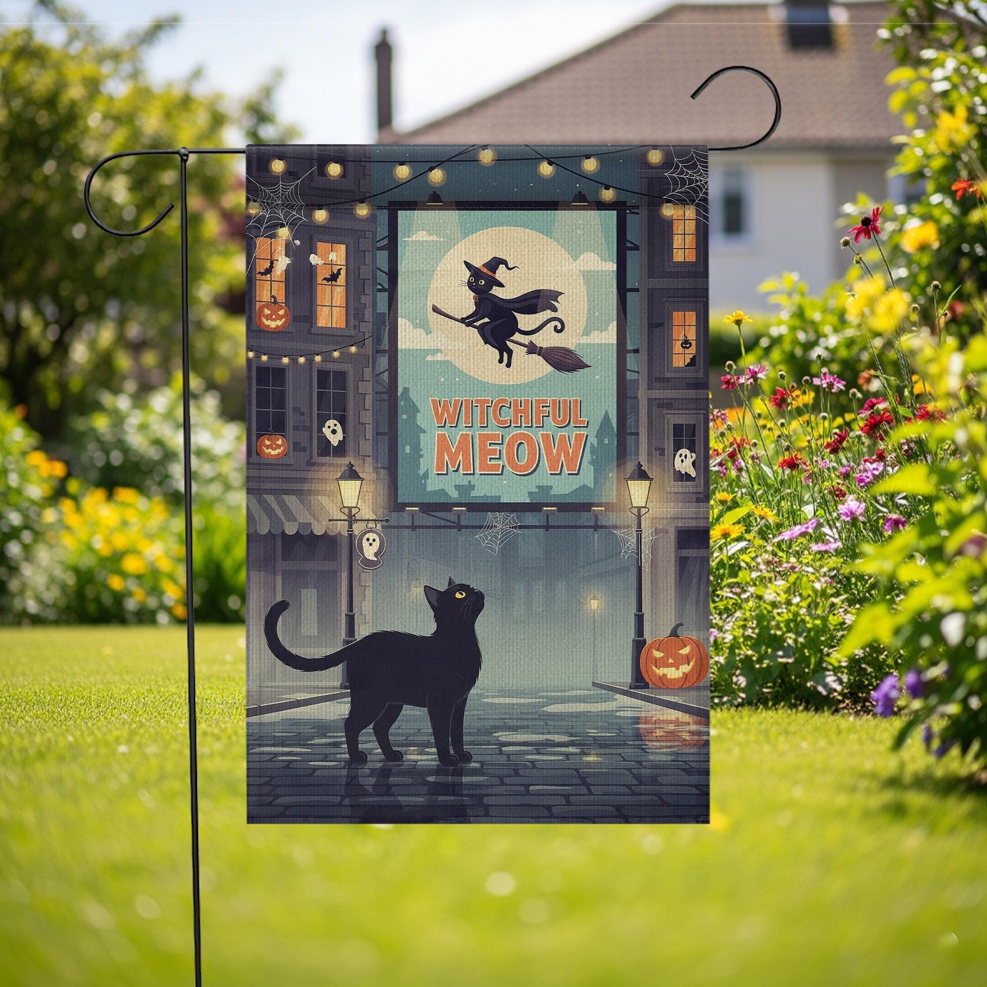Witchful Meow Garden Flag – Halloween Black Cat Witch Yard Decor – Cute Spooky Outdoor Banner – Flying Cat Fall Porch Decoration