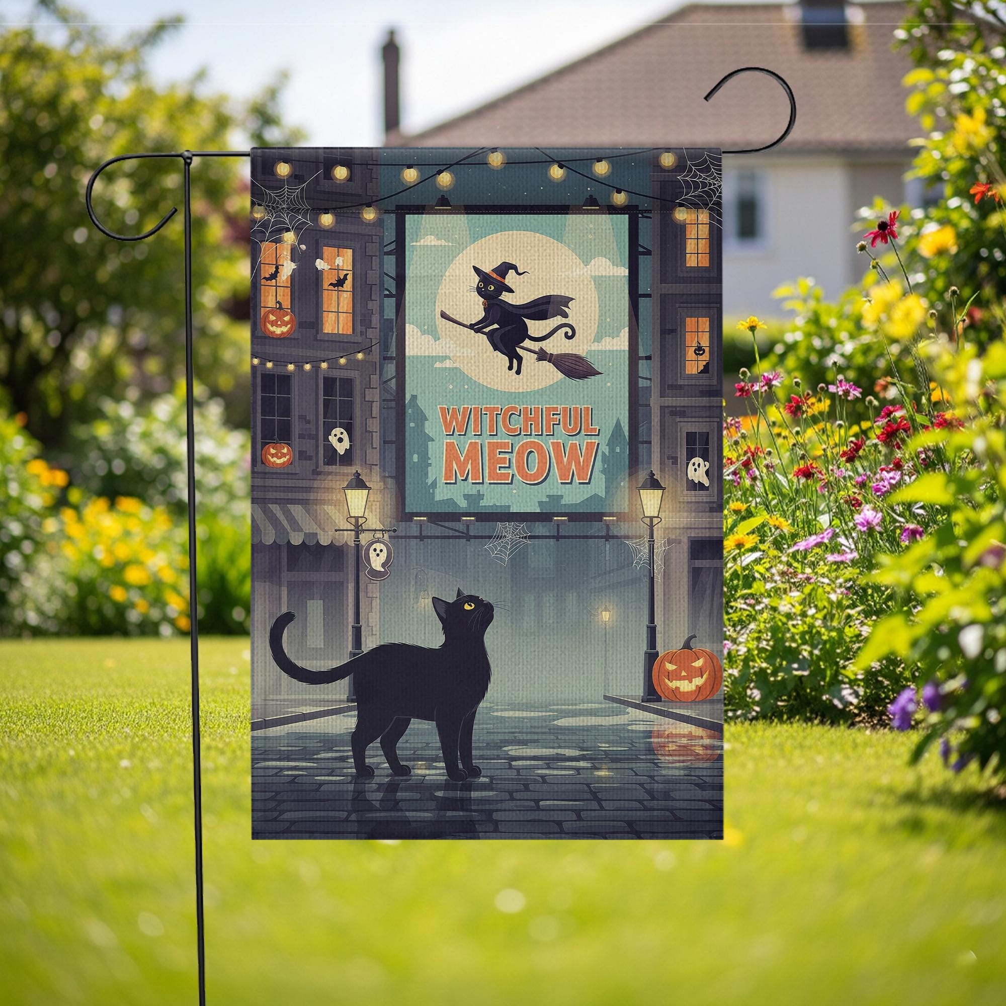Witchful Meow Garden Flag – Halloween Black Cat Witch Yard Decor – Cute Spooky Outdoor Banner – Flying Cat Fall Porch Decoration