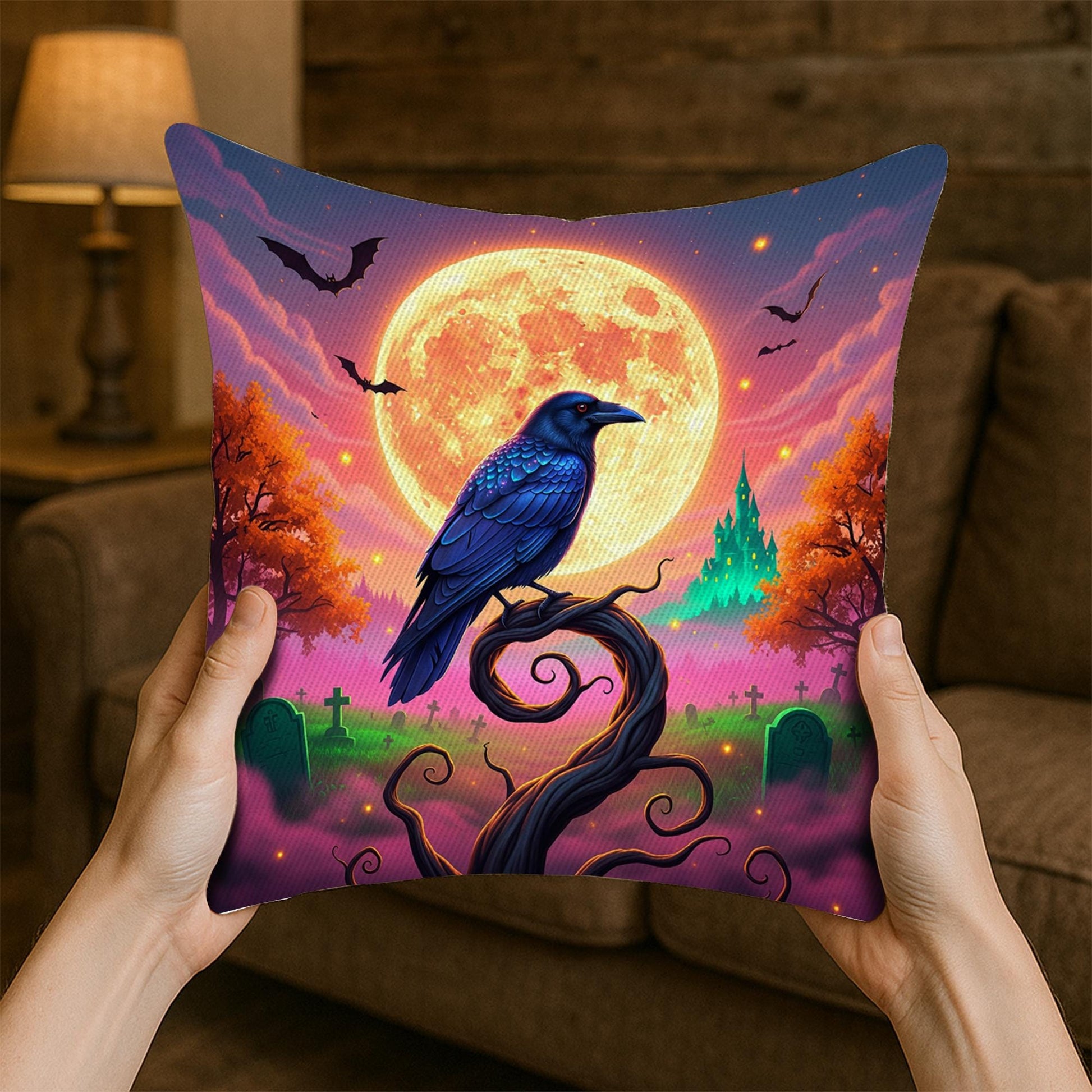 Gothic Raven Moon Pillow – Halloween Crow Graveyard Cushion – Spooky Full Moon Throw Pillow – Witchy Forest Decor for Fall