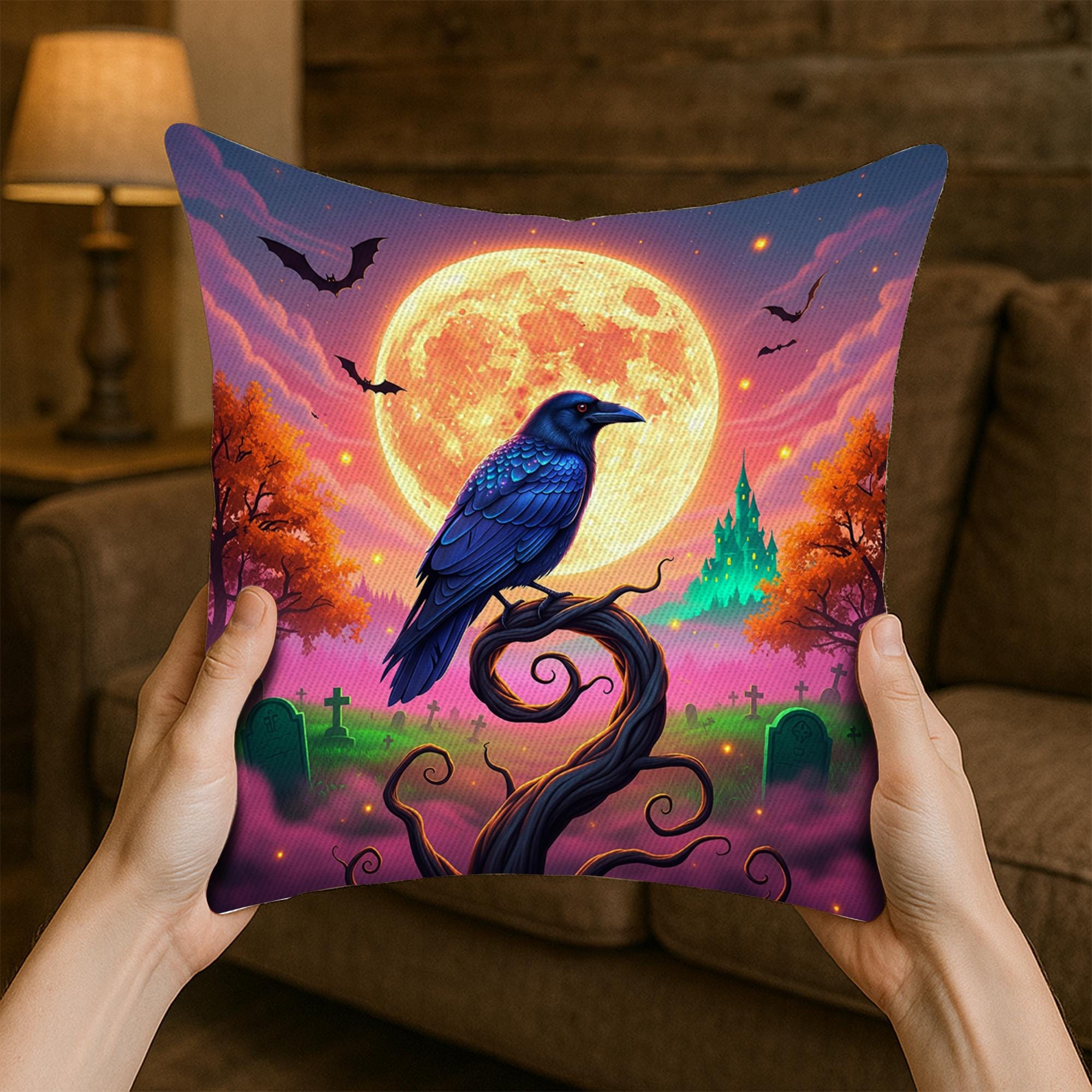 Gothic Raven Moon Pillow – Halloween Crow Graveyard Cushion – Spooky Full Moon Throw Pillow – Witchy Forest Decor for Fall