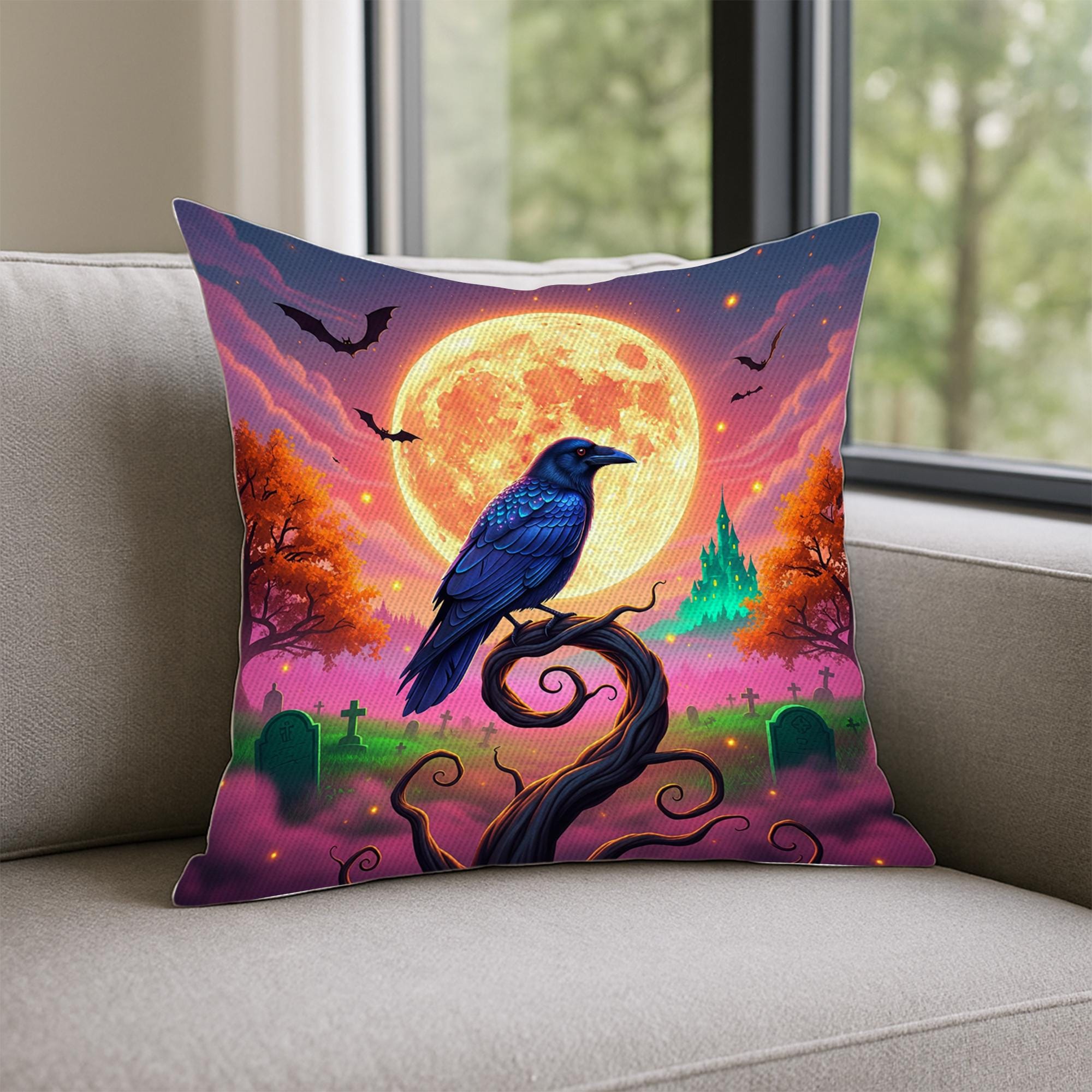 Gothic Raven Moon Pillow – Halloween Crow Graveyard Cushion – Spooky Full Moon Throw Pillow – Witchy Forest Decor for Fall