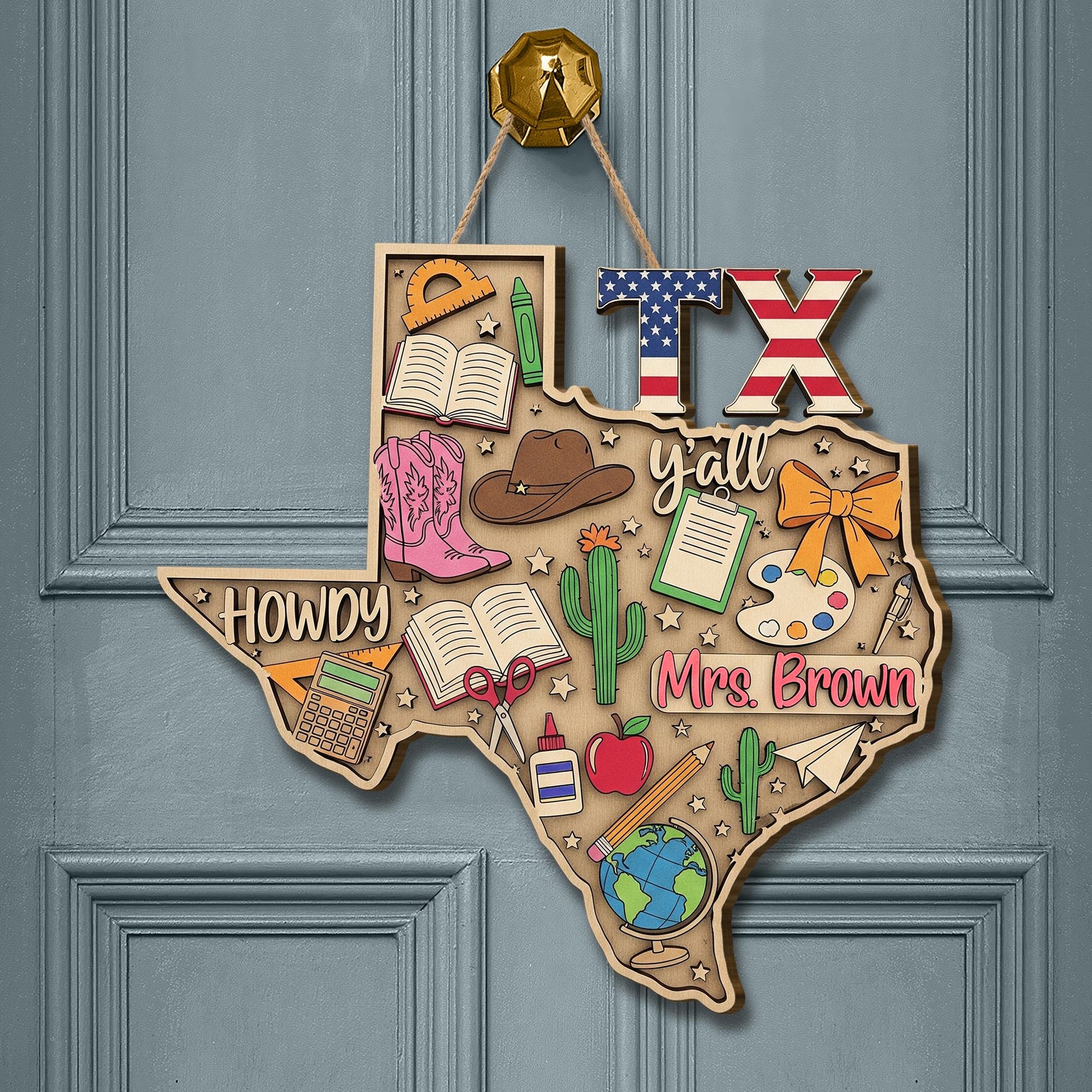 Custom Texas Teacher Door Sign – Personalized Classroom Decor, Western Wood Hanging, Back to School Gift for Teachers