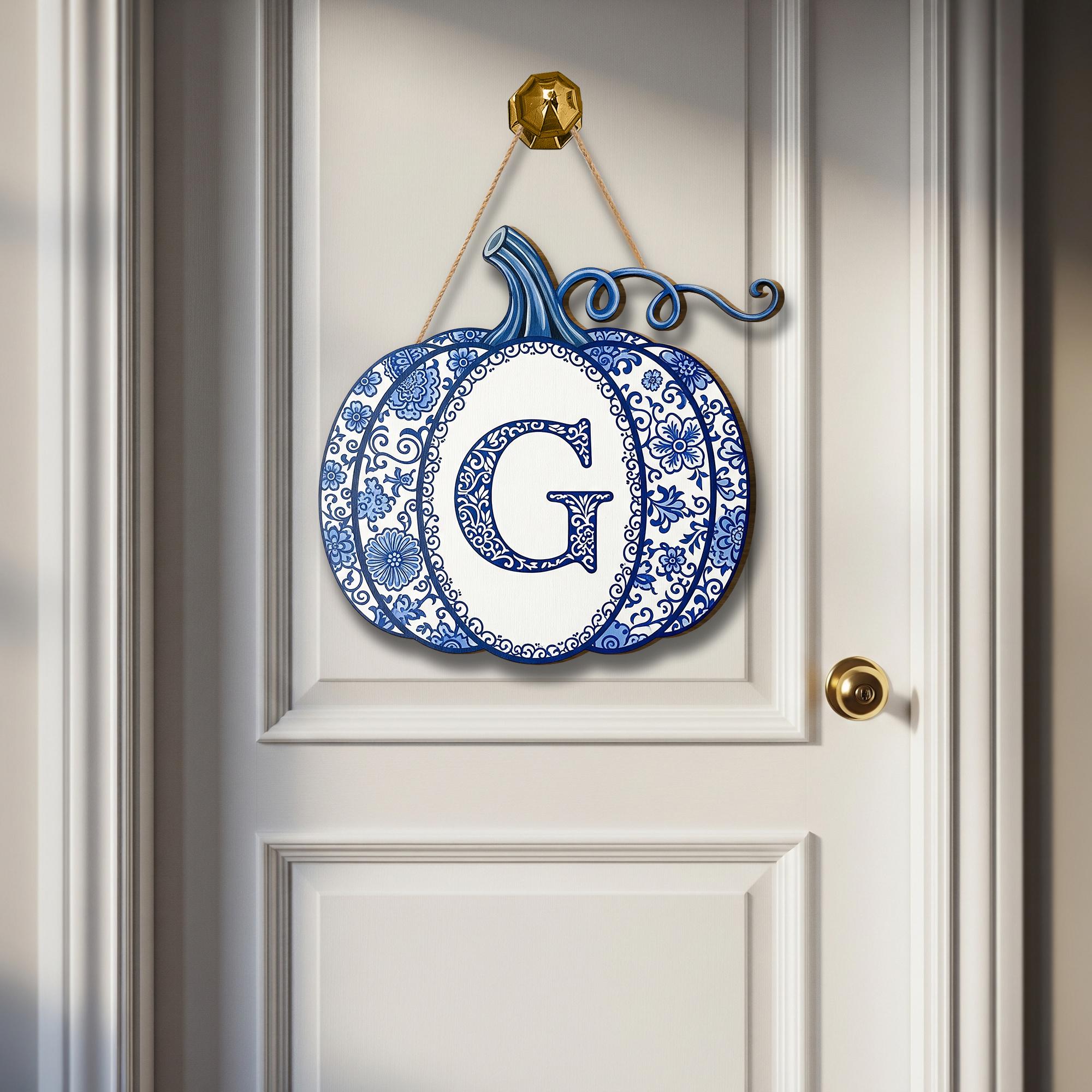 Blue and White Pumpkin Monogram Door Sign – Custom Wooden Fall Decor, Chinoiserie Initial Sign for Porch, Front Door or Wall