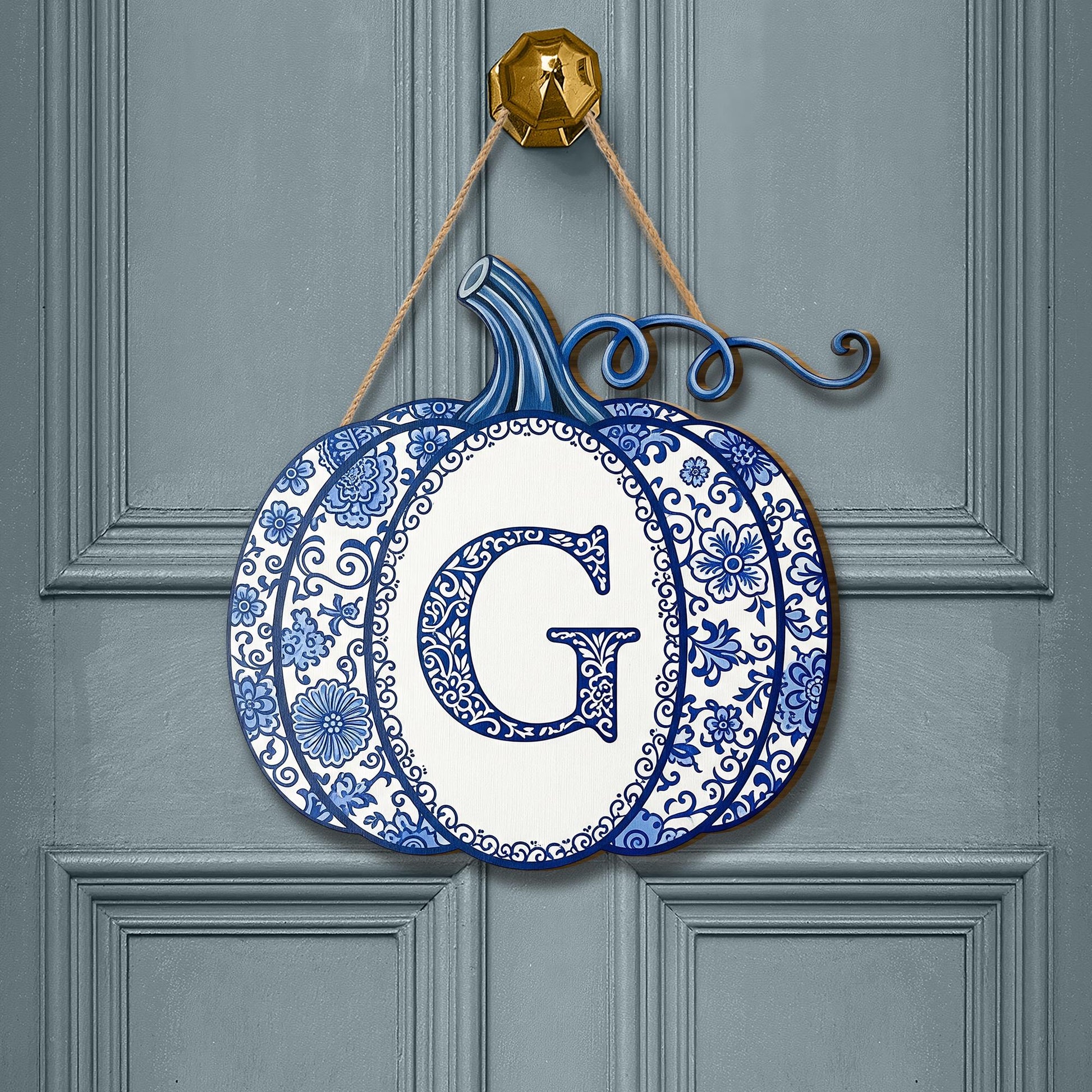 Blue and White Pumpkin Monogram Door Sign – Custom Wooden Fall Decor, Chinoiserie Initial Sign for Porch, Front Door or Wall