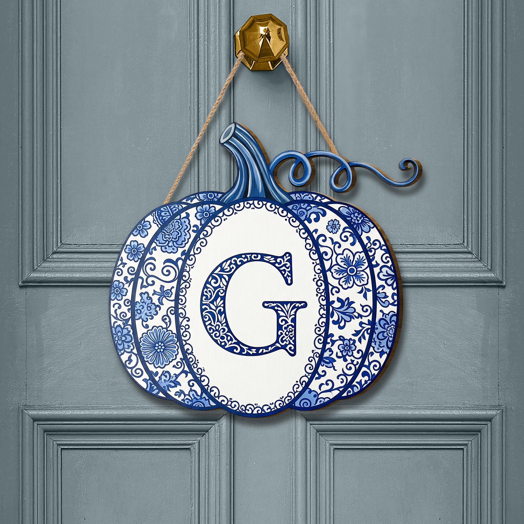 Blue and White Pumpkin Monogram Door Sign – Custom Wooden Fall Decor, Chinoiserie Initial Sign for Porch, Front Door or Wall