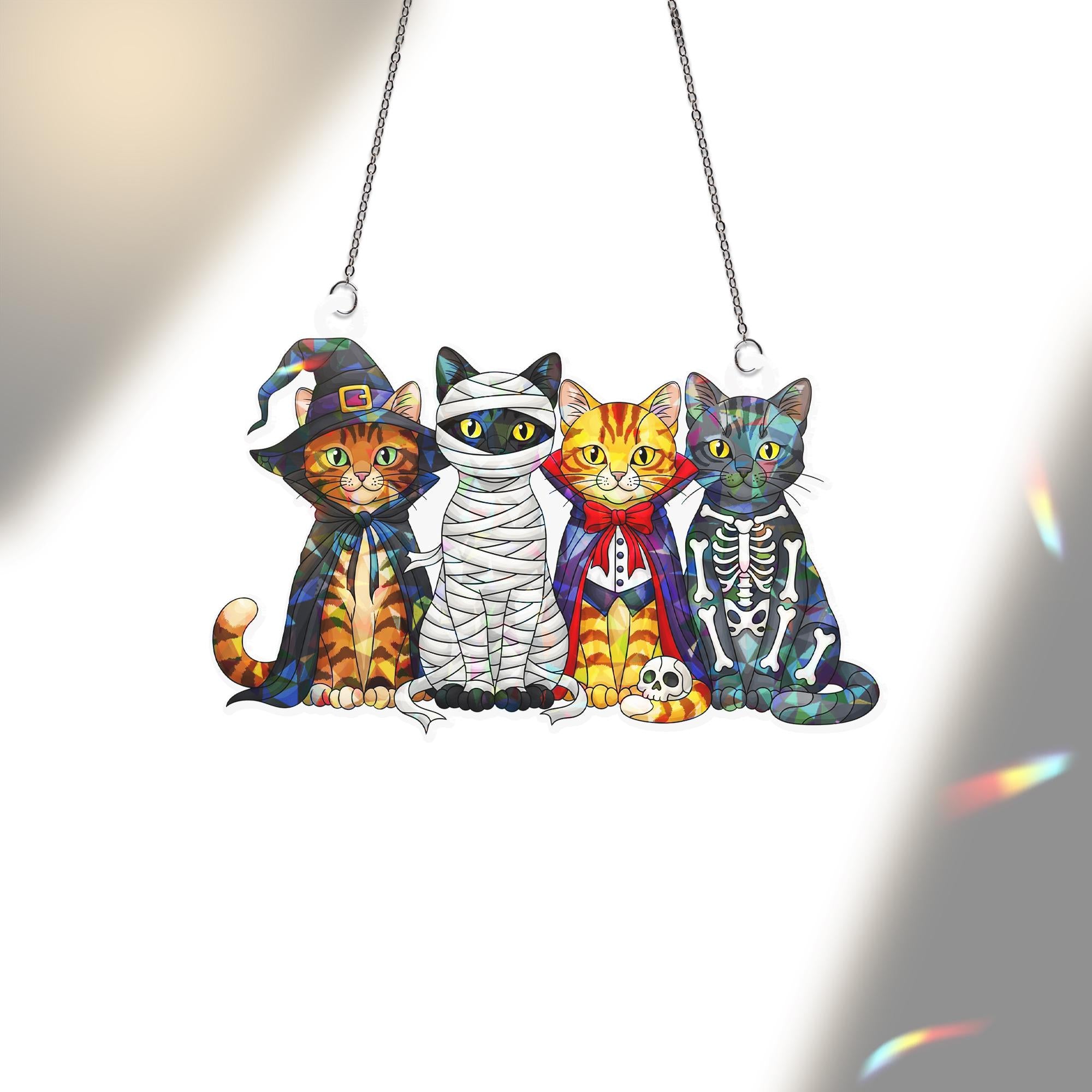 Halloween Cat Suncatcher, Stained Glass Style Spooky Cats, Witchy Window Hanging, Black Cat Wall Decor, Halloween Gift for Cat Lover