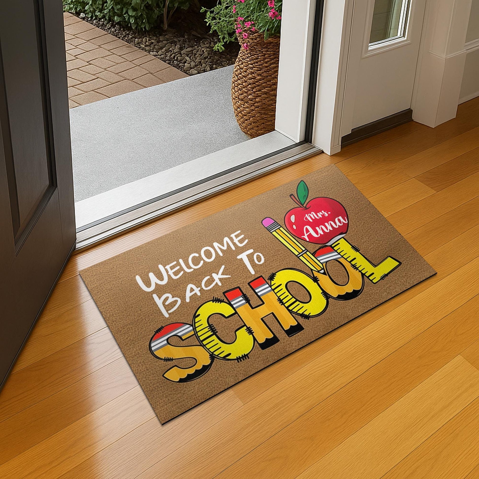 Personalized “Welcome Back To School” Doormat, Teacher Name Apple & Pencil Rug, Custom Classroom Door Mat, First Day School Mat