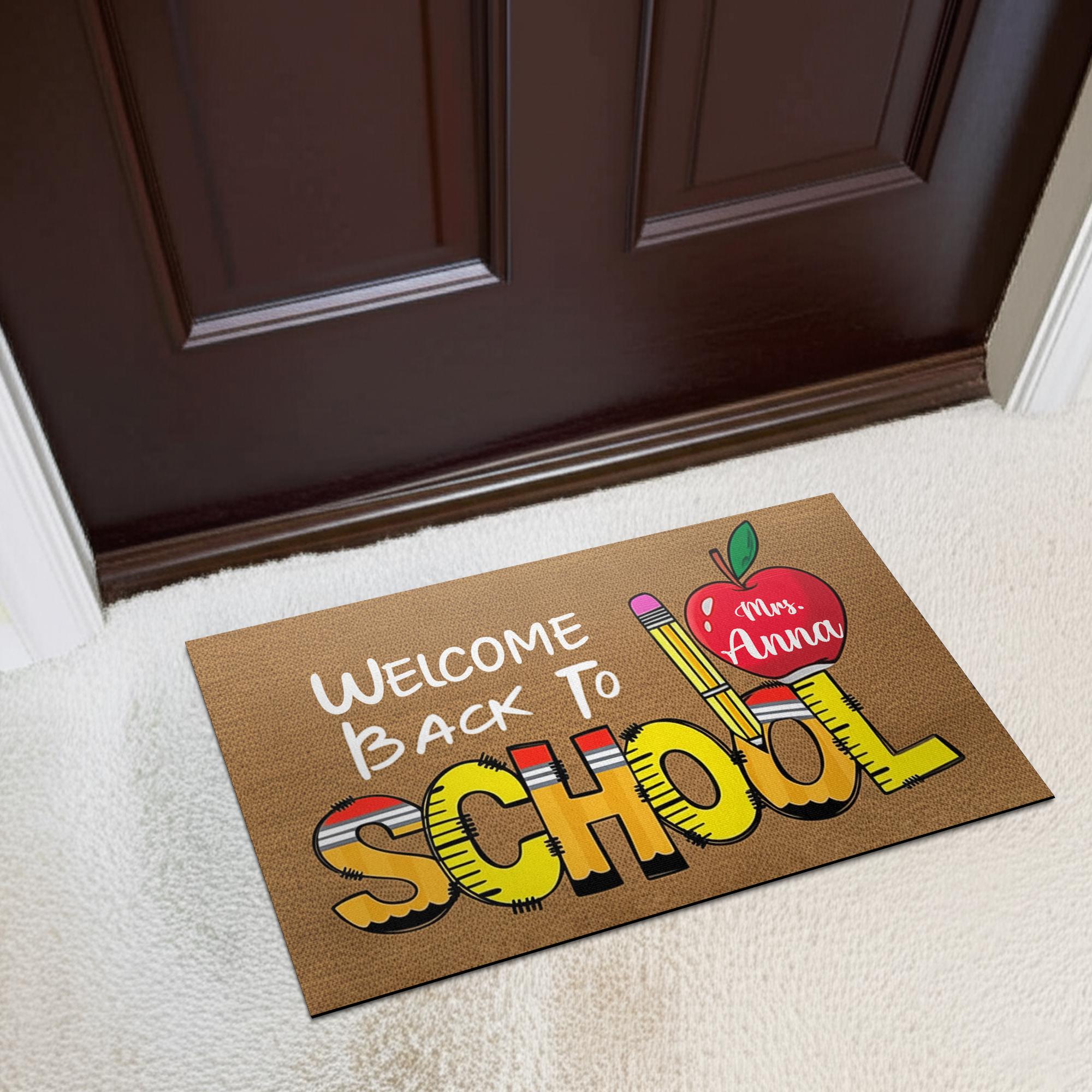 Personalized “Welcome Back To School” Doormat, Teacher Name Apple & Pencil Rug, Custom Classroom Door Mat, First Day School Mat