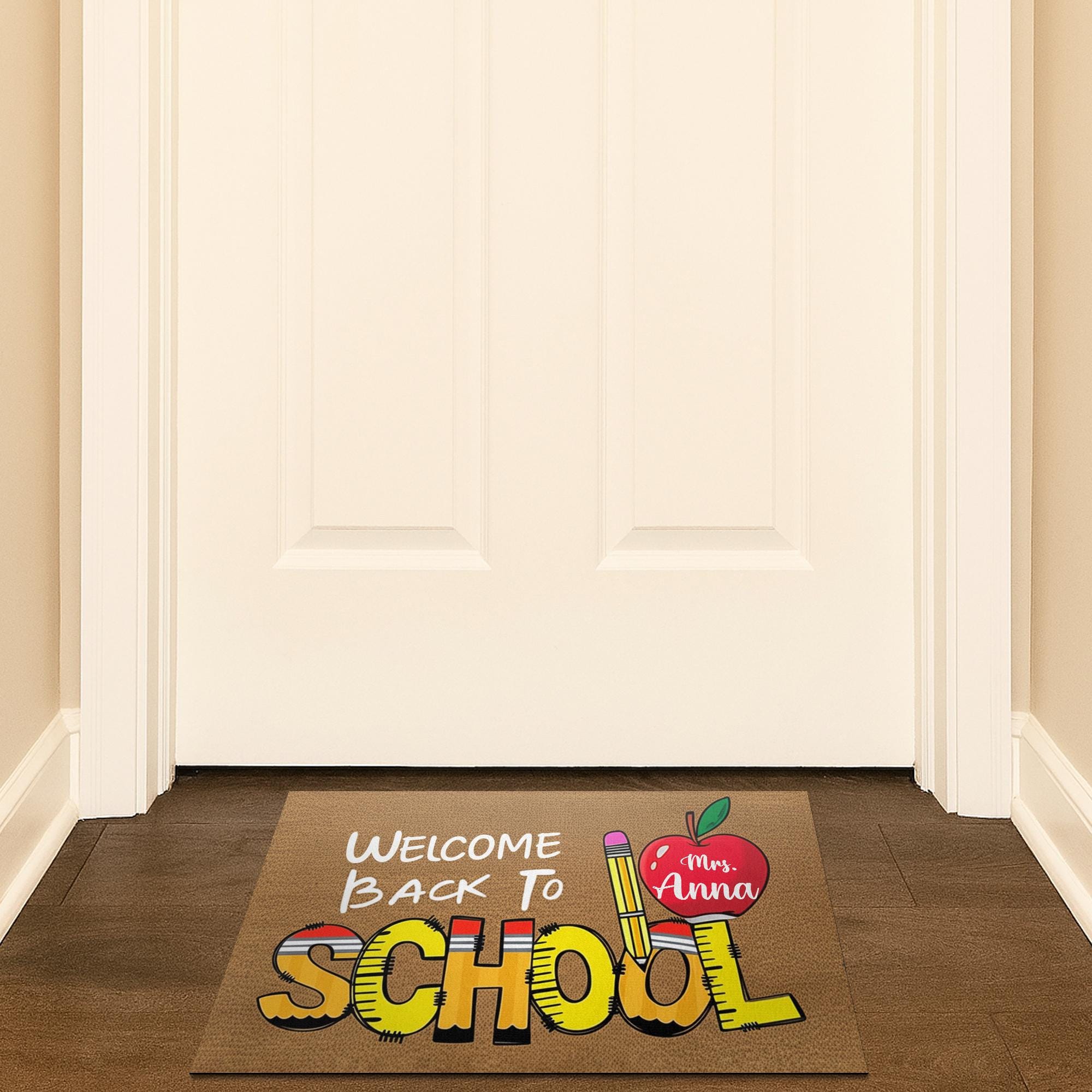 Personalized “Welcome Back To School” Doormat, Teacher Name Apple & Pencil Rug, Custom Classroom Door Mat, First Day School Mat
