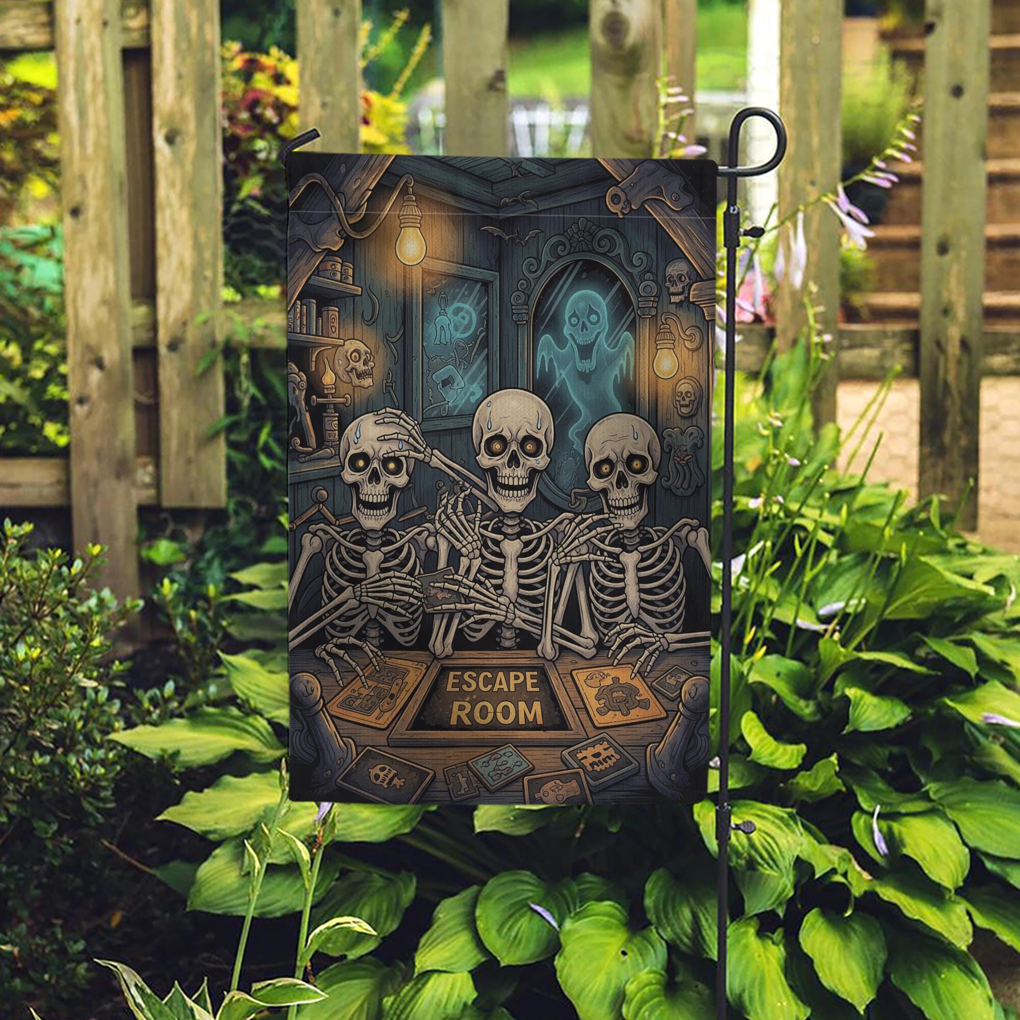 Funny Skeleton Escape Room Garden Flag – Spooky Halloween Outdoor Decor, Haunted Puzzle Game Yard Sign, Gothic Skeleton Humor Gift