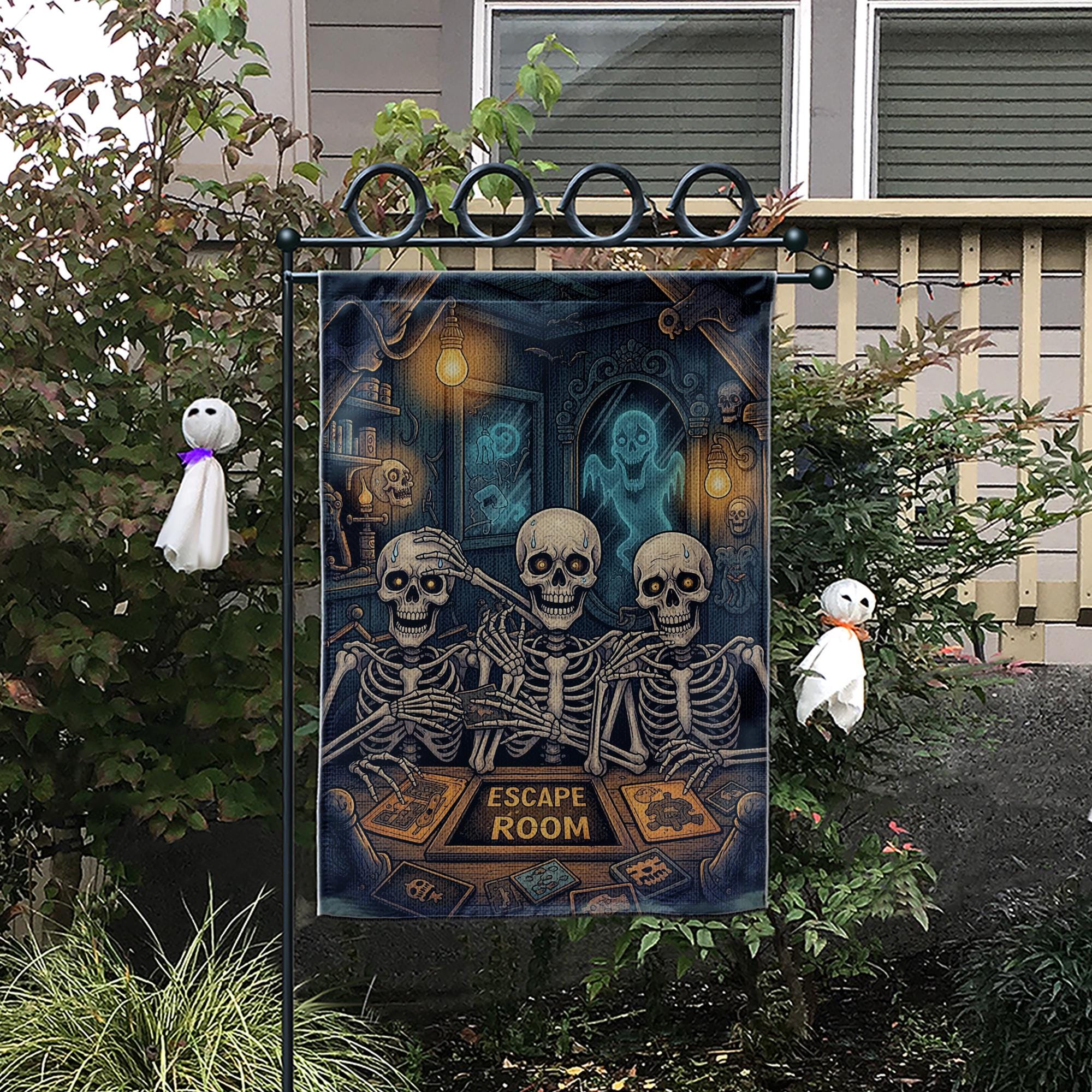 Funny Skeleton Escape Room Garden Flag – Spooky Halloween Outdoor Decor, Haunted Puzzle Game Yard Sign, Gothic Skeleton Humor Gift