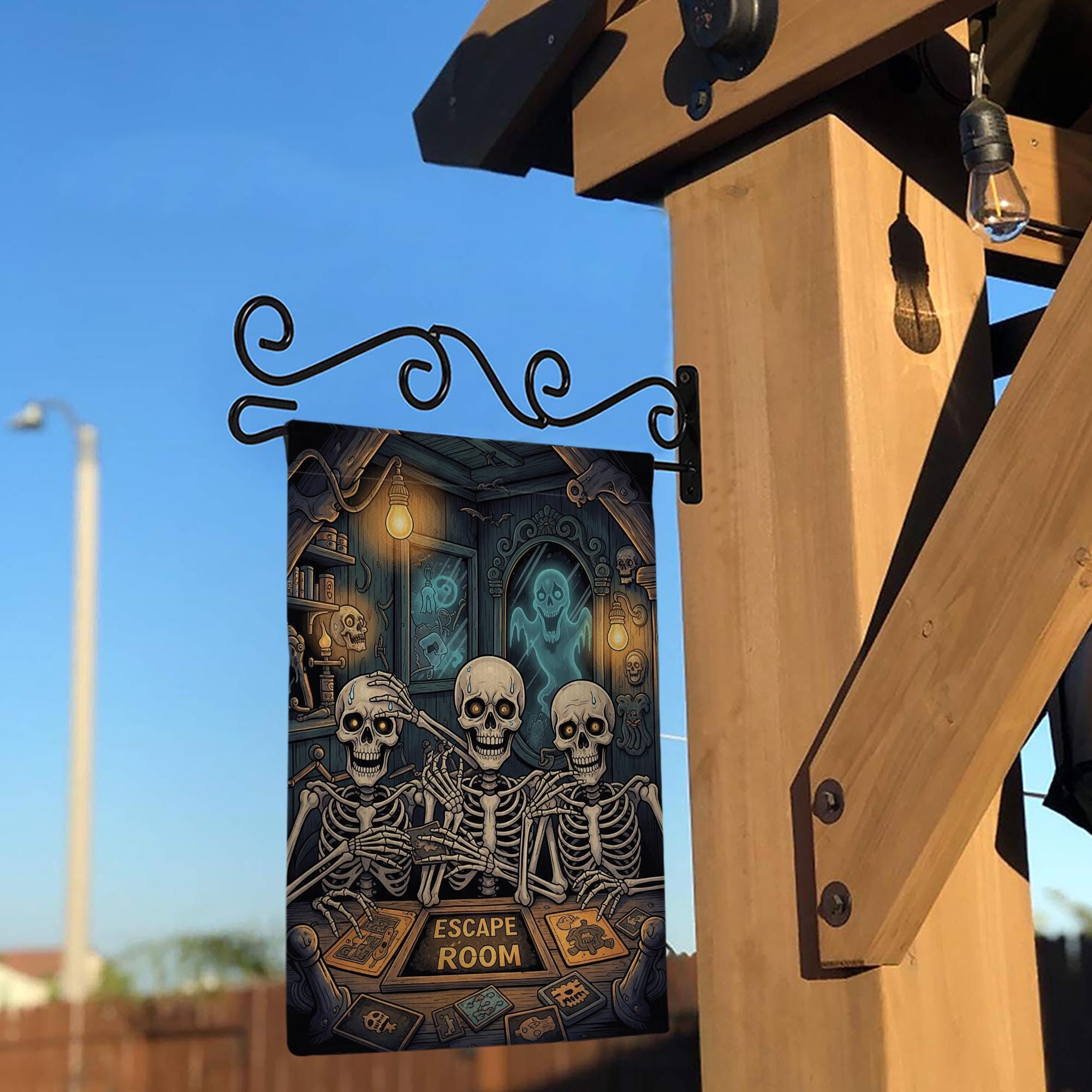 Funny Skeleton Escape Room Garden Flag – Spooky Halloween Outdoor Decor, Haunted Puzzle Game Yard Sign, Gothic Skeleton Humor Gift