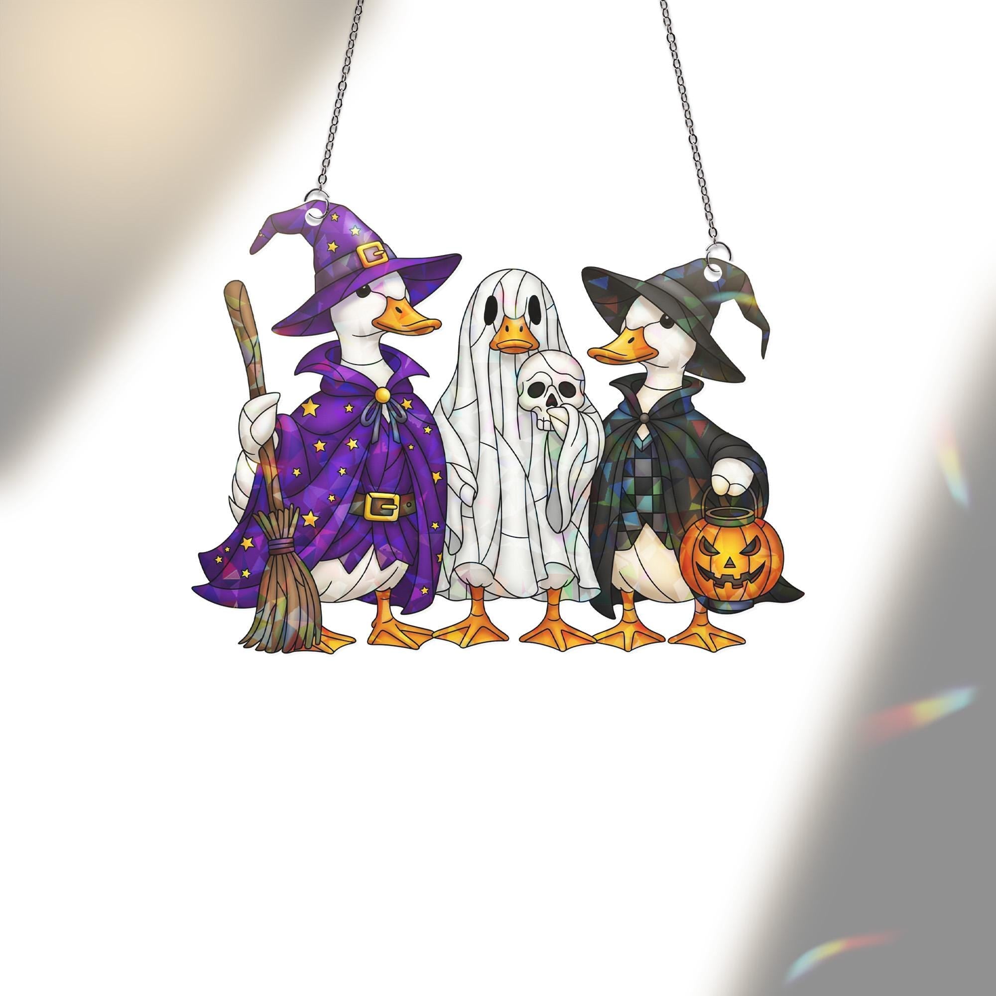 Halloween Duck Suncatcher, Funny Ducks in Costume, Stained Glass Style Window Hanging, Spooky Witchy Home Decor, Gift for Duck Lover