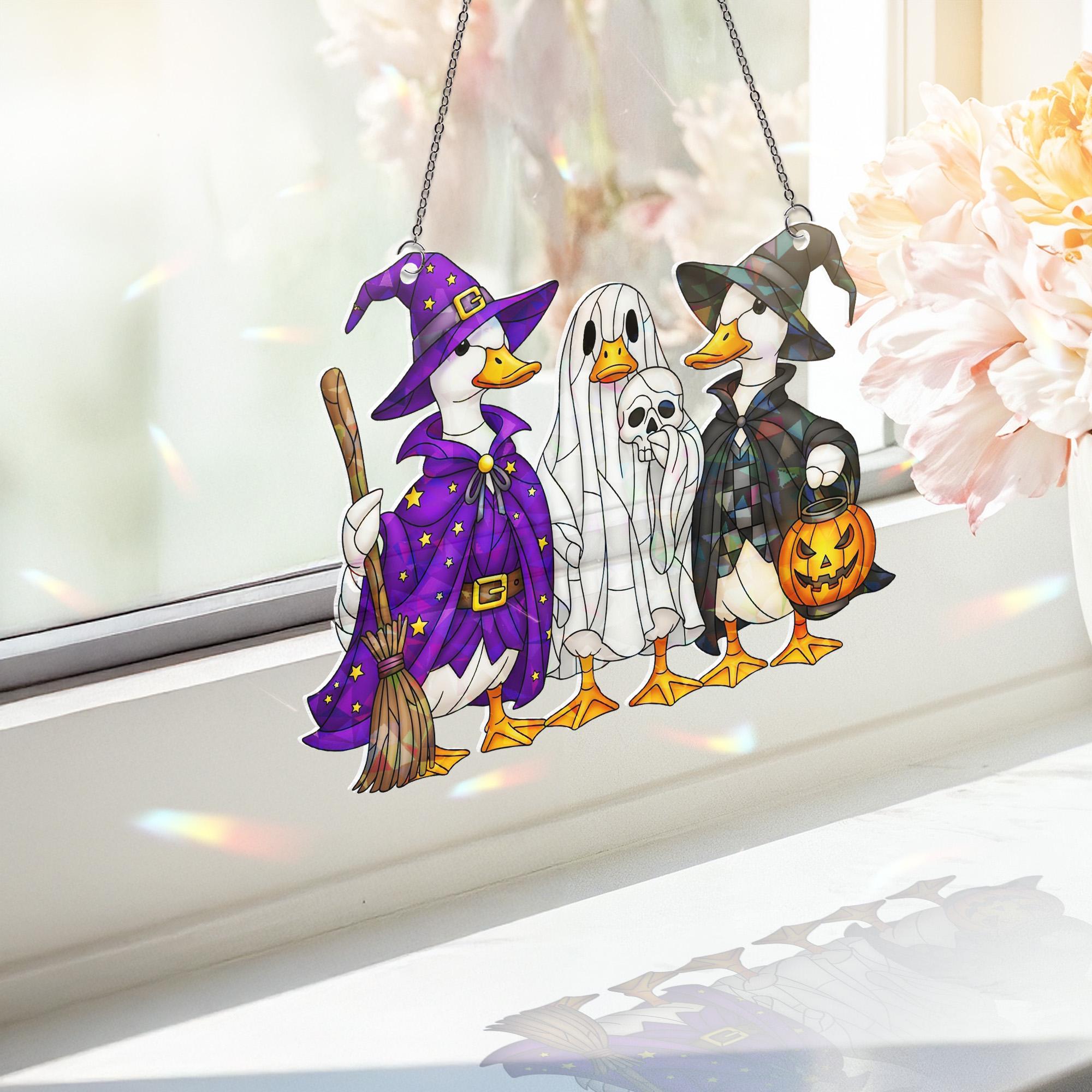 Halloween Duck Suncatcher, Funny Ducks in Costume, Stained Glass Style Window Hanging, Spooky Witchy Home Decor, Gift for Duck Lover