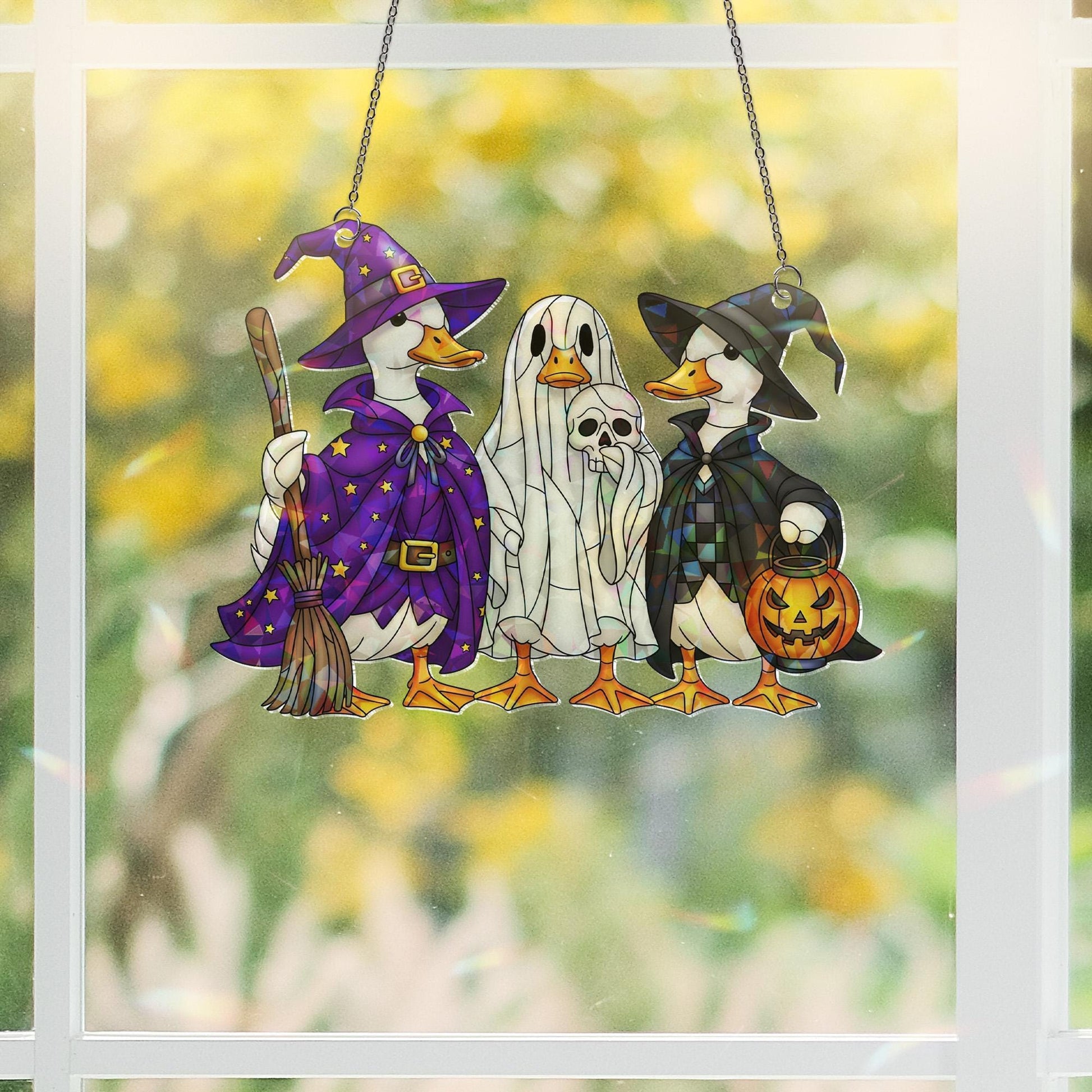 Halloween Duck Suncatcher, Funny Ducks in Costume, Stained Glass Style Window Hanging, Spooky Witchy Home Decor, Gift for Duck Lover