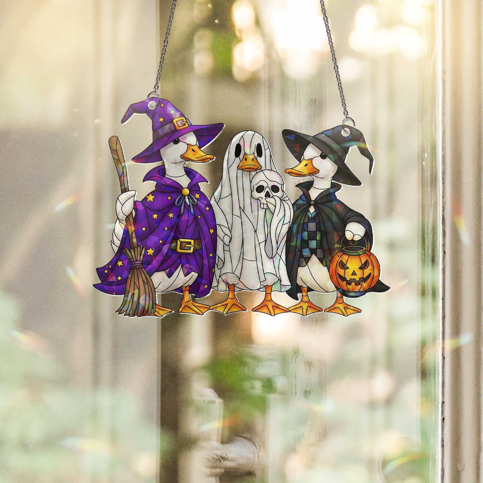 Halloween Duck Suncatcher, Funny Ducks in Costume, Stained Glass Style Window Hanging, Spooky Witchy Home Decor, Gift for Duck Lover