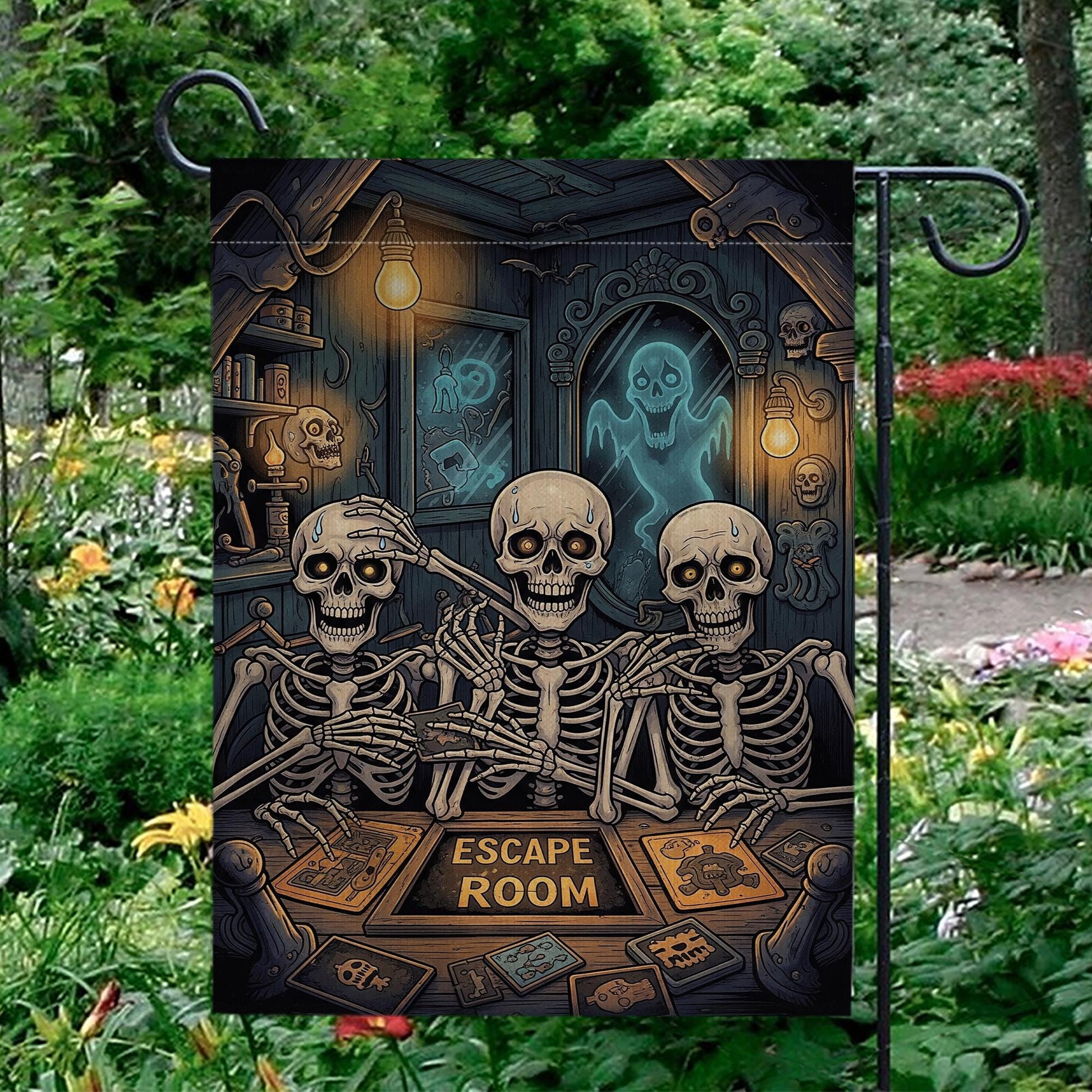 Funny Skeleton Escape Room Garden Flag – Spooky Halloween Outdoor Decor, Haunted Puzzle Game Yard Sign, Gothic Skeleton Humor Gift