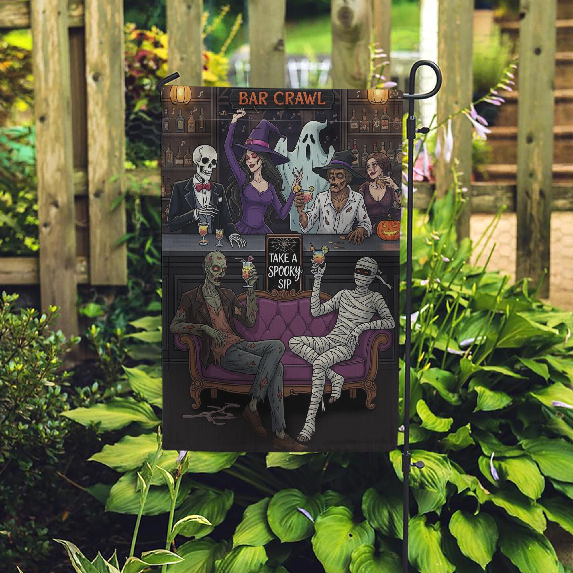 Funny Halloween Bar Crawl Garden Flag – Spooky Party Yard Decor with Skeletons, Witch, Mummy, Ghost – Outdoor Fall Boozy Decoration