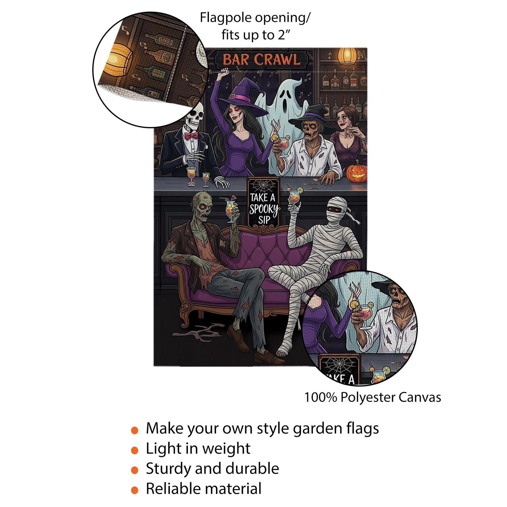 Funny Halloween Bar Crawl Garden Flag – Spooky Party Yard Decor with Skeletons, Witch, Mummy, Ghost – Outdoor Fall Boozy Decoration