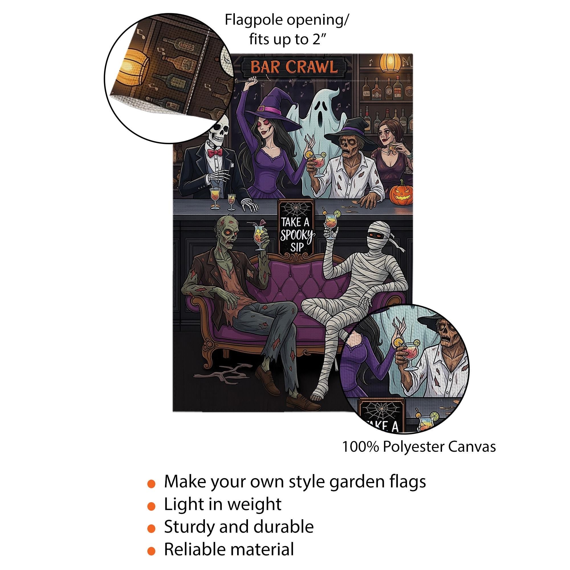 Funny Halloween Bar Crawl Garden Flag – Spooky Party Yard Decor with Skeletons, Witch, Mummy, Ghost – Outdoor Fall Boozy Decoration