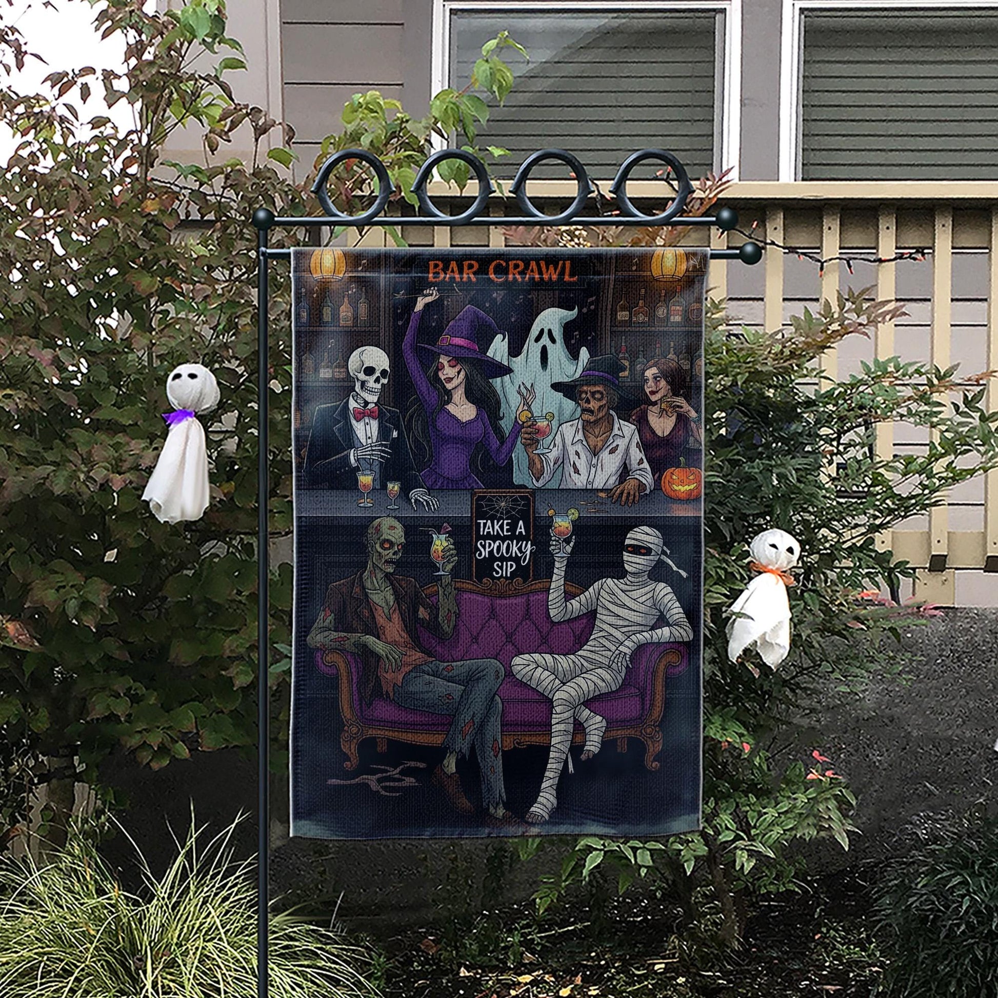 Funny Halloween Bar Crawl Garden Flag – Spooky Party Yard Decor with Skeletons, Witch, Mummy, Ghost – Outdoor Fall Boozy Decoration