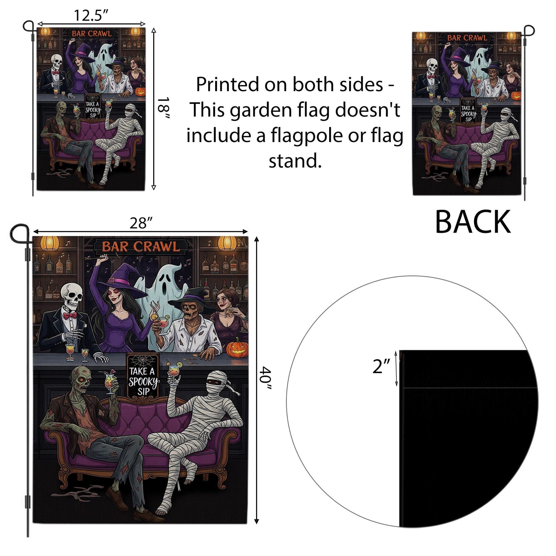 Funny Halloween Bar Crawl Garden Flag – Spooky Party Yard Decor with Skeletons, Witch, Mummy, Ghost – Outdoor Fall Boozy Decoration