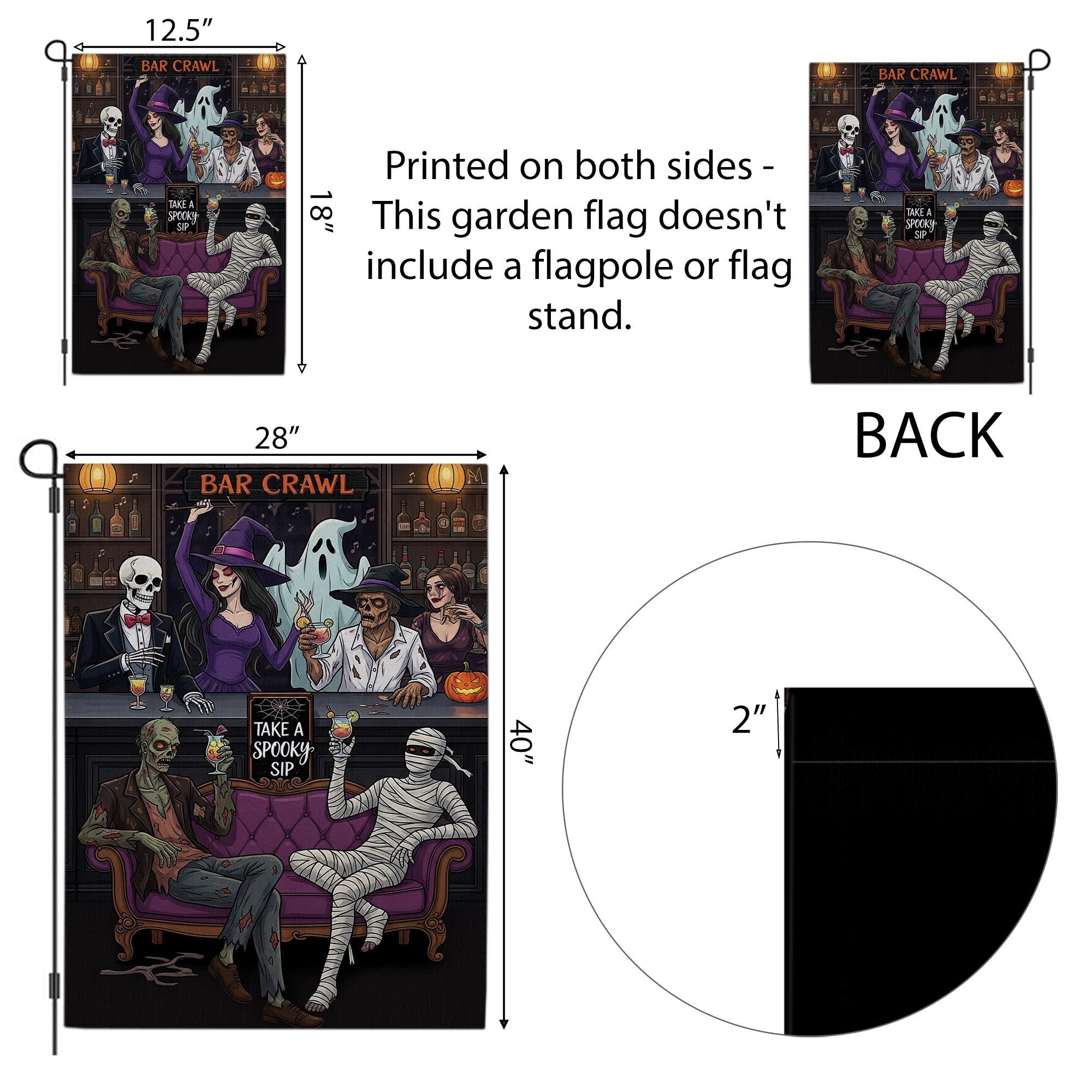 Funny Halloween Bar Crawl Garden Flag – Spooky Party Yard Decor with Skeletons, Witch, Mummy, Ghost – Outdoor Fall Boozy Decoration
