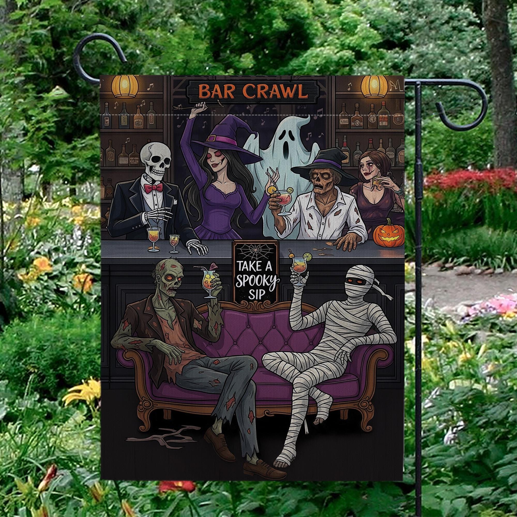Funny Halloween Bar Crawl Garden Flag – Spooky Party Yard Decor with Skeletons, Witch, Mummy, Ghost – Outdoor Fall Boozy Decoration
