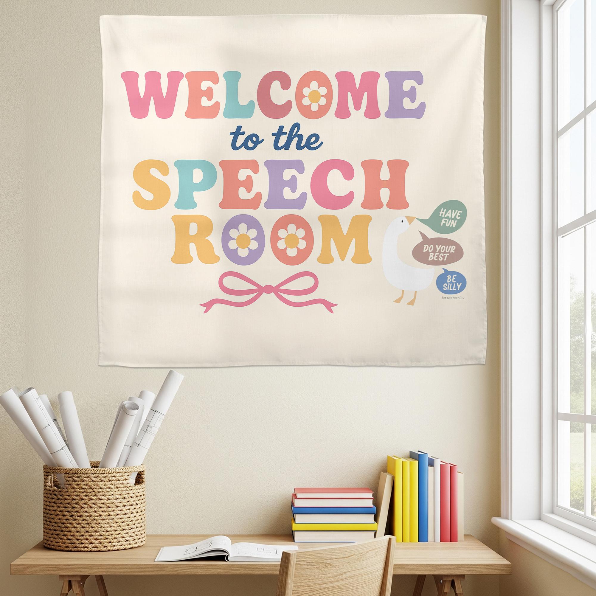 Welcome to Speech Room Tapestry – Classroom Wall Decor for SLPs, Therapy Office, Motivational Banner for Speech Language Pathologists
