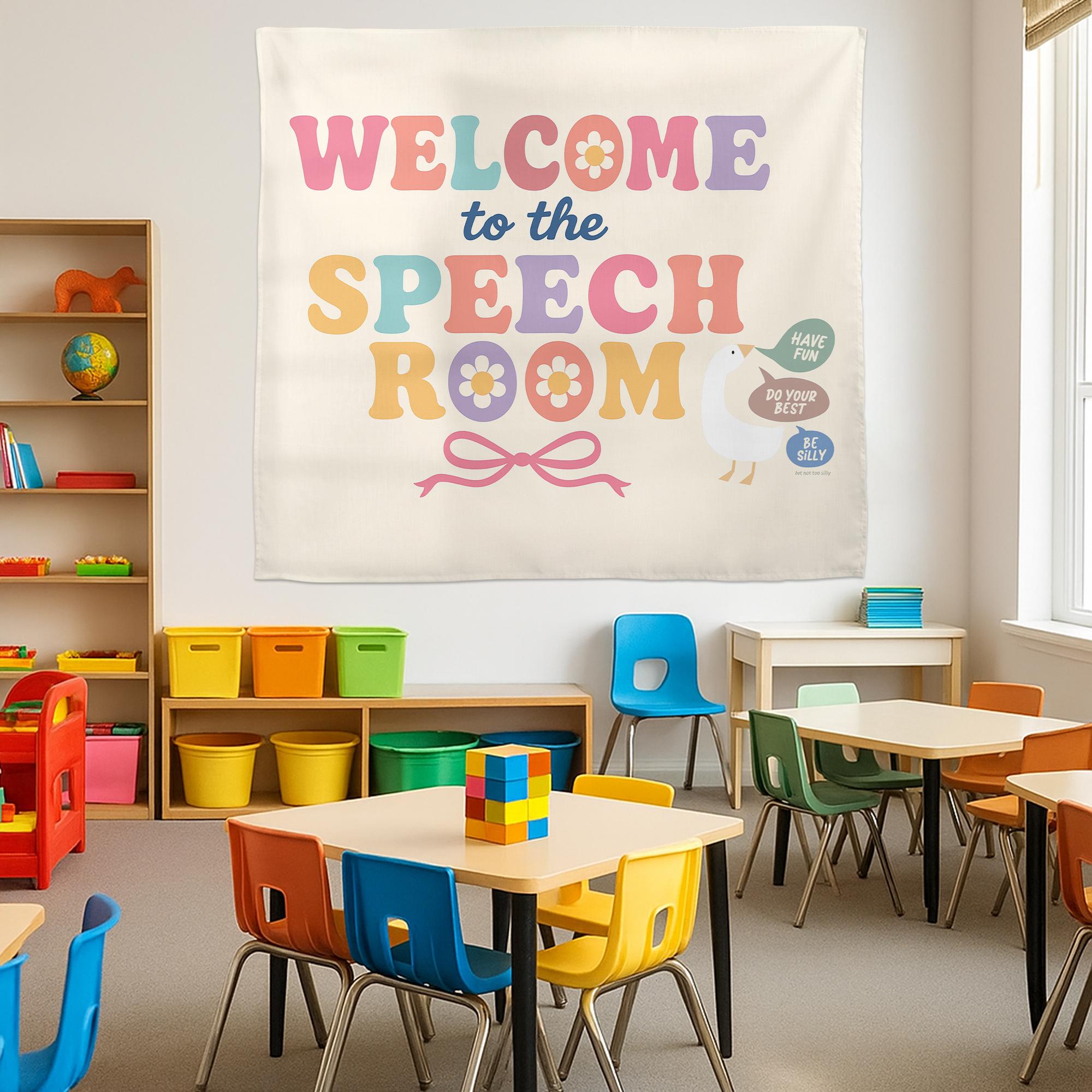 Welcome to Speech Room Tapestry – Classroom Wall Decor for SLPs, Therapy Office, Motivational Banner for Speech Language Pathologists
