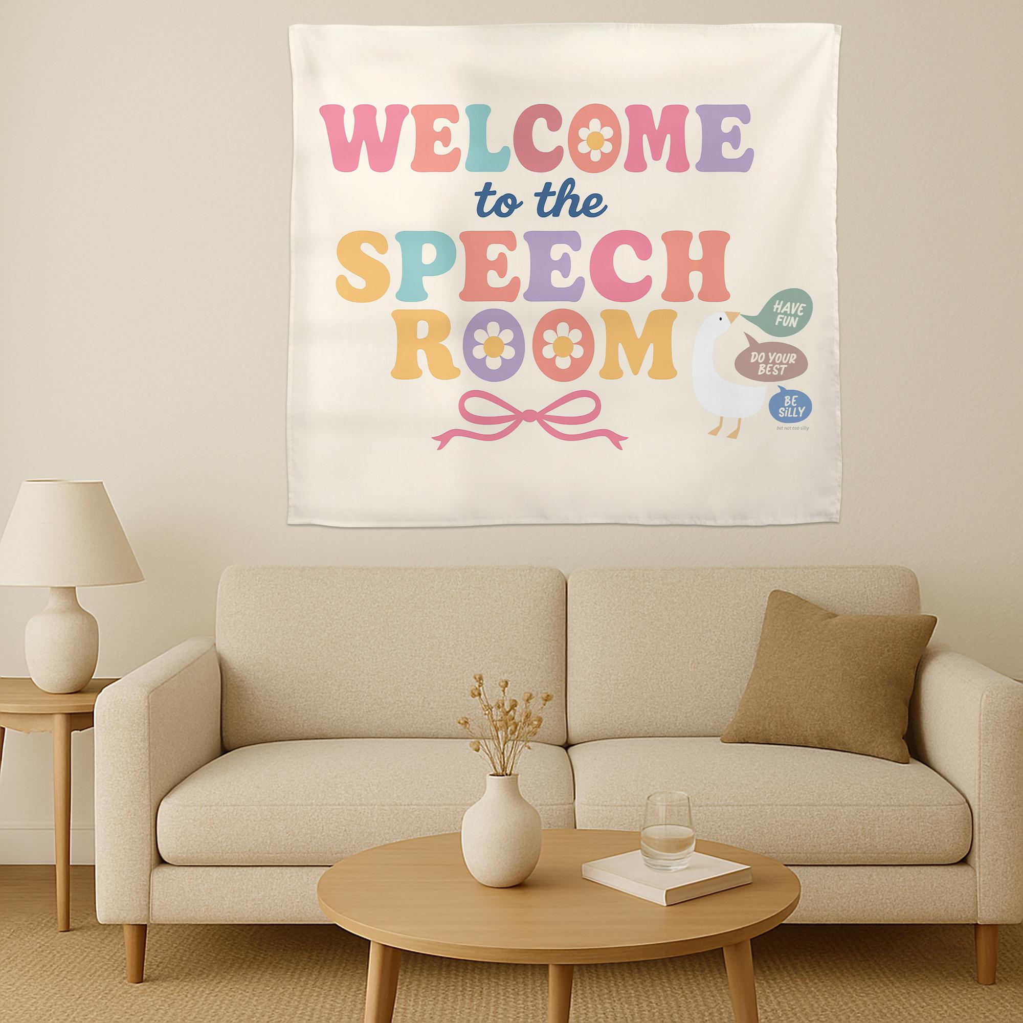 Welcome to Speech Room Tapestry – Classroom Wall Decor for SLPs, Therapy Office, Motivational Banner for Speech Language Pathologists