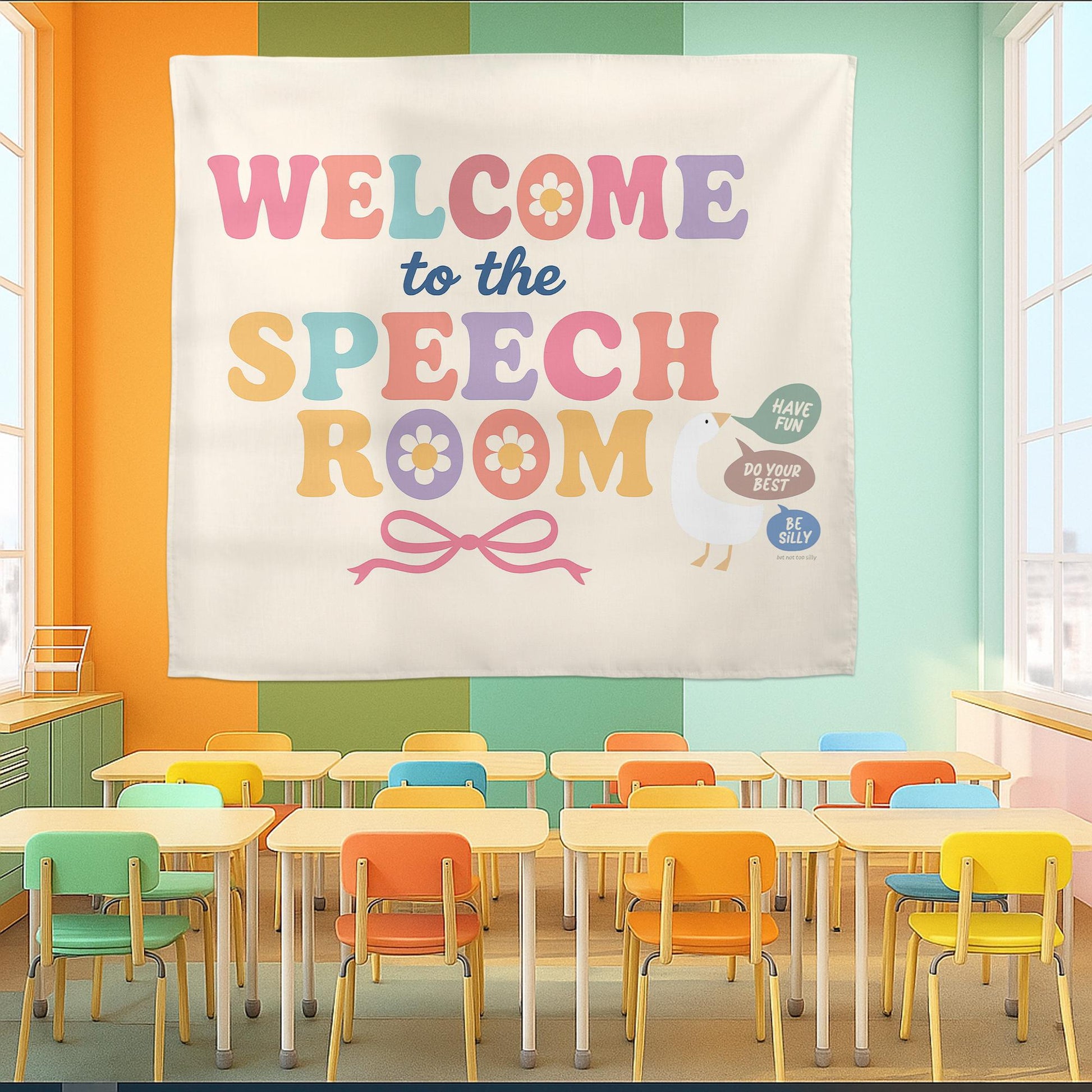 Welcome to Speech Room Tapestry – Classroom Wall Decor for SLPs, Therapy Office, Motivational Banner for Speech Language Pathologists