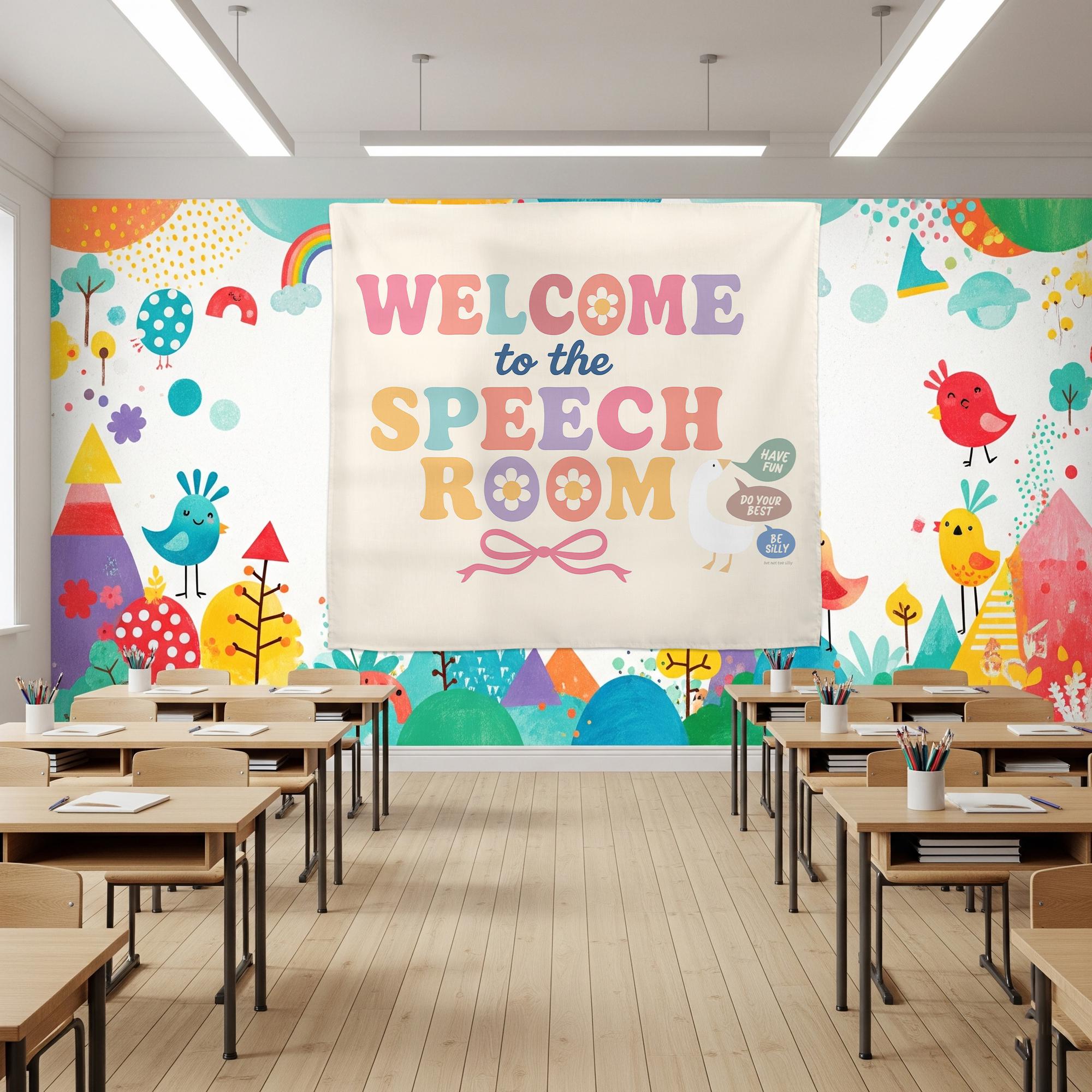 Welcome to Speech Room Tapestry – Classroom Wall Decor for SLPs, Therapy Office, Motivational Banner for Speech Language Pathologists