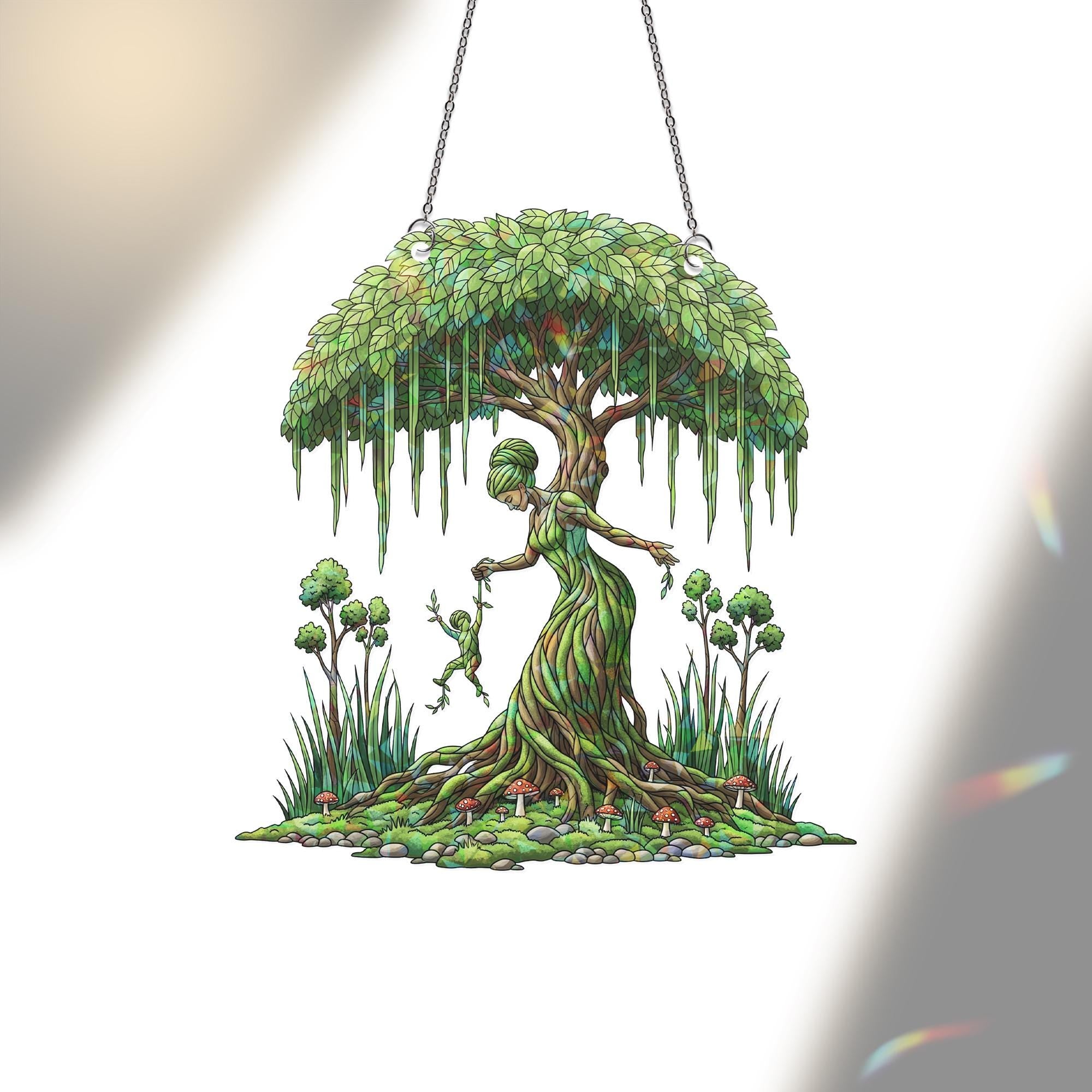 Tree Spirit Suncatcher Window Hanging – Mother Nature Forest Fairy Decor, Botanical Dryad Art Panel for Boho Sunlit Spaces & Gifts