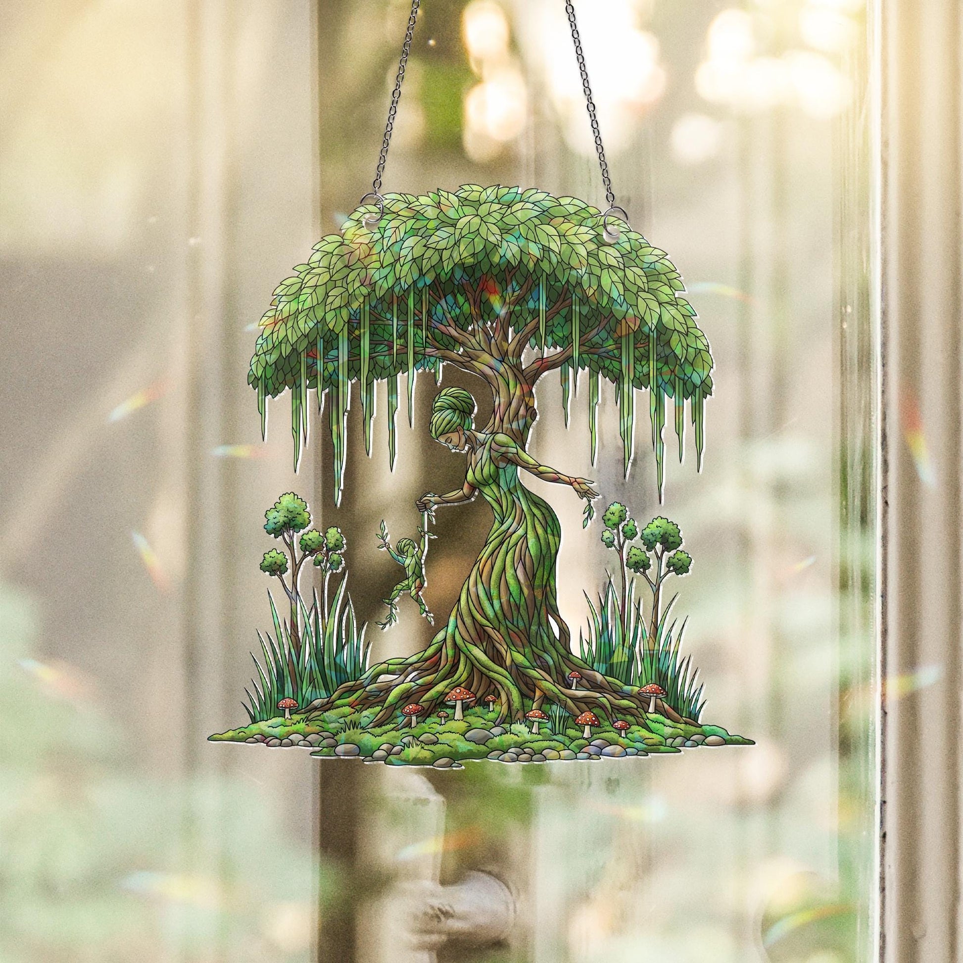 Tree Spirit Suncatcher Window Hanging – Mother Nature Forest Fairy Decor, Botanical Dryad Art Panel for Boho Sunlit Spaces & Gifts