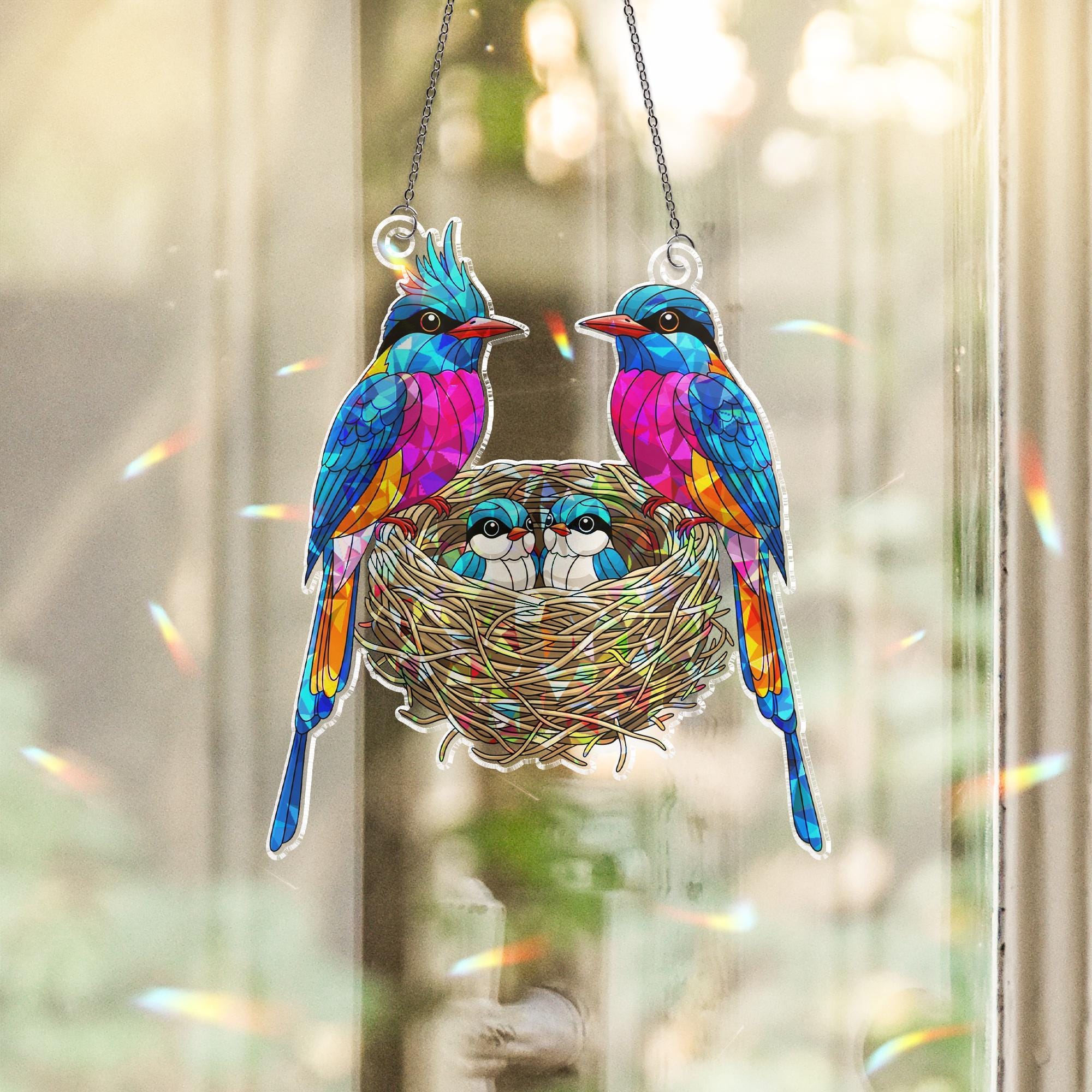 Colorful Bird Family Window Suncatcher – Stained Glass Look Hanging Decor for Bird Lovers, Spring Gift, Nature Sunlight Catcher