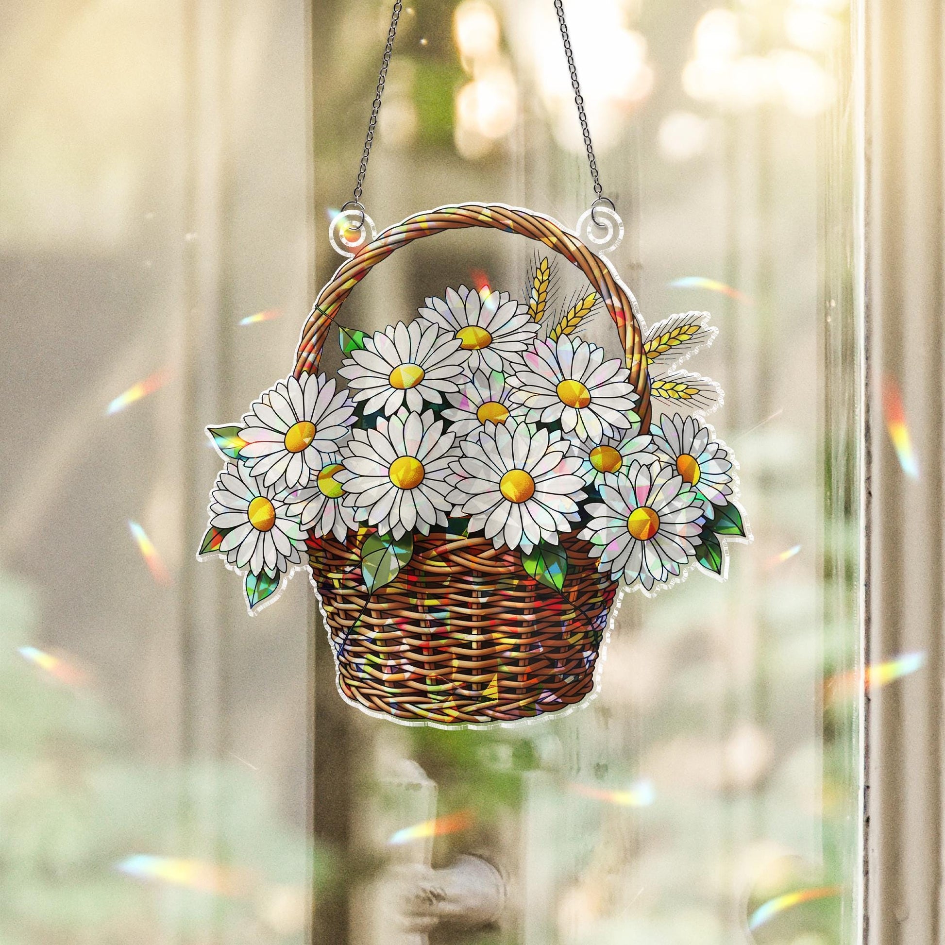 Daisy Basket Suncatcher – Stained Glass Look Window Hanging Floral Decor, Spring Gift for Mom, Cottagecore Daisy Window Ornament