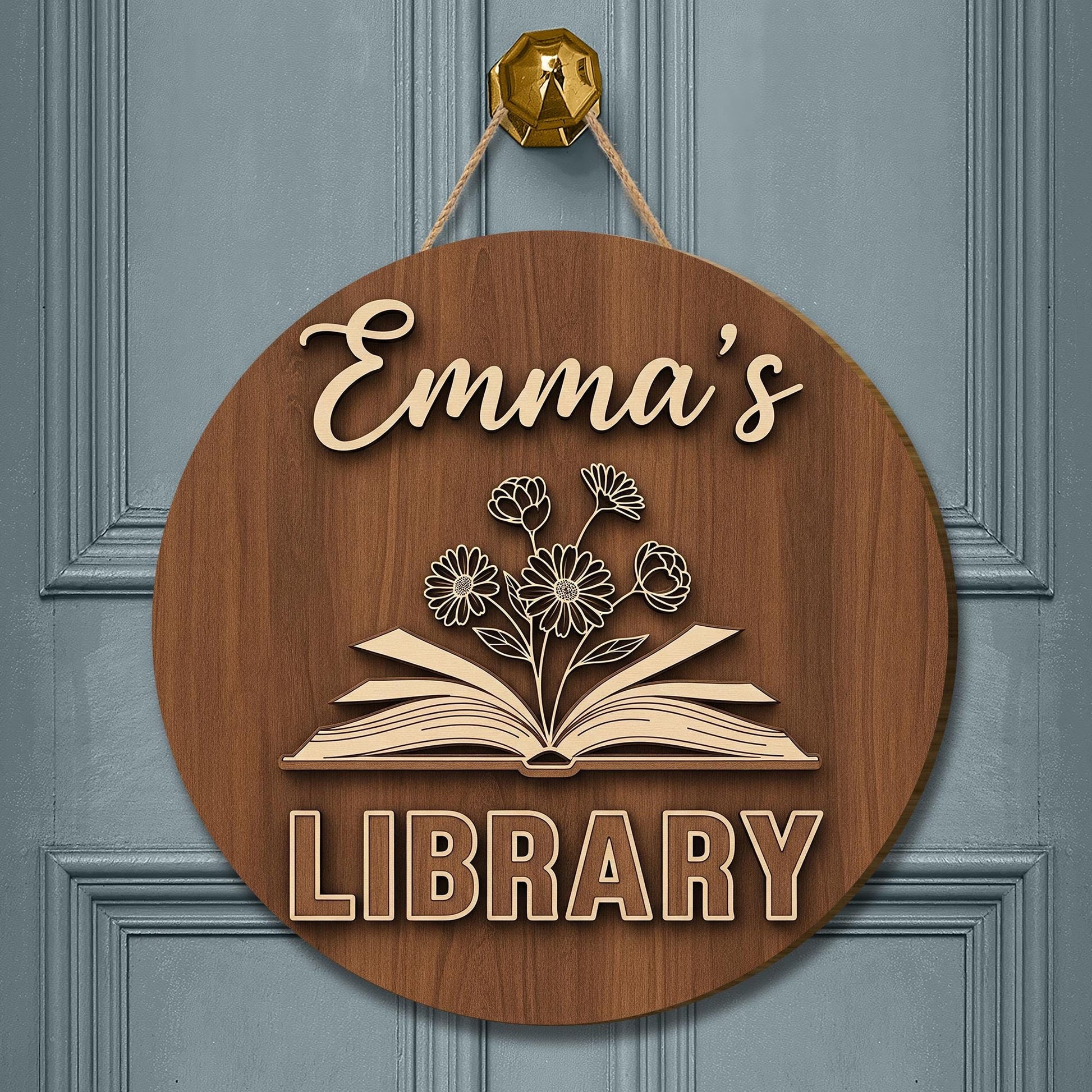 Personalized Library Door Hanger,  Library Round Wood Sign, Custom Book Lover Decor, Wooden Book Room Plaque