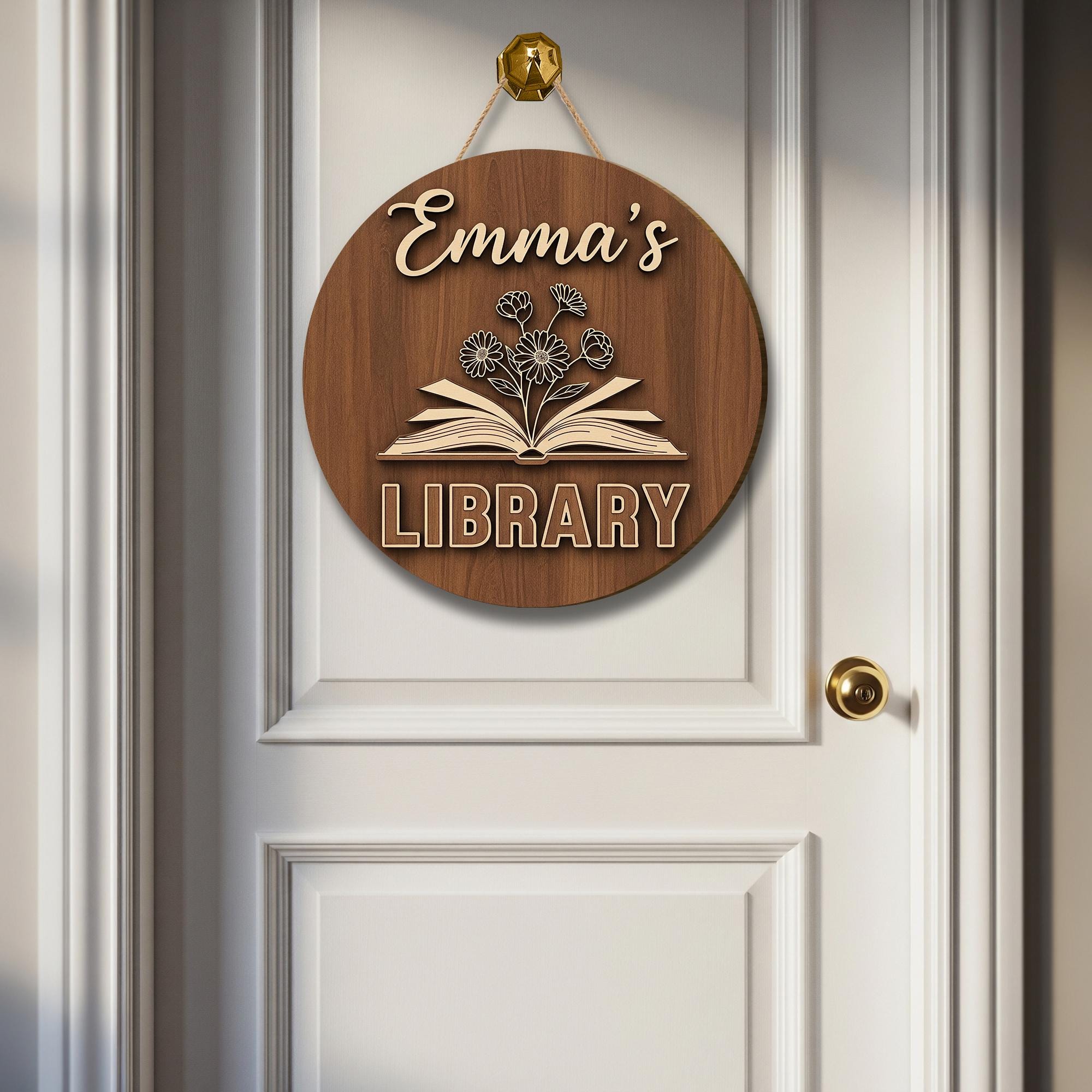 Personalized Library Door Hanger,  Library Round Wood Sign, Custom Book Lover Decor, Wooden Book Room Plaque